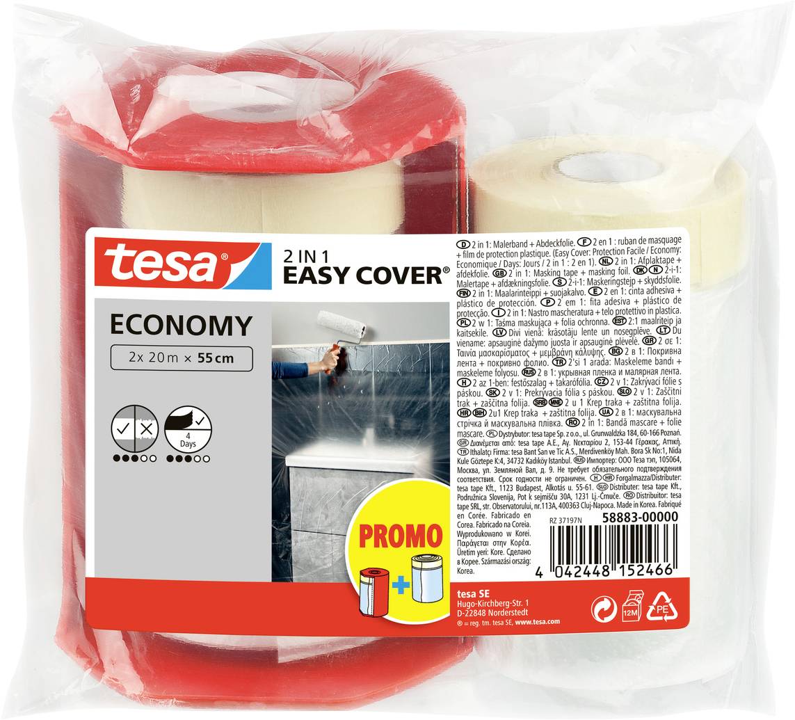 Pack of Tesa Economy 2-in-1 Easy Cover rolls. Red and white rolls with plastic covering for protection during painting.