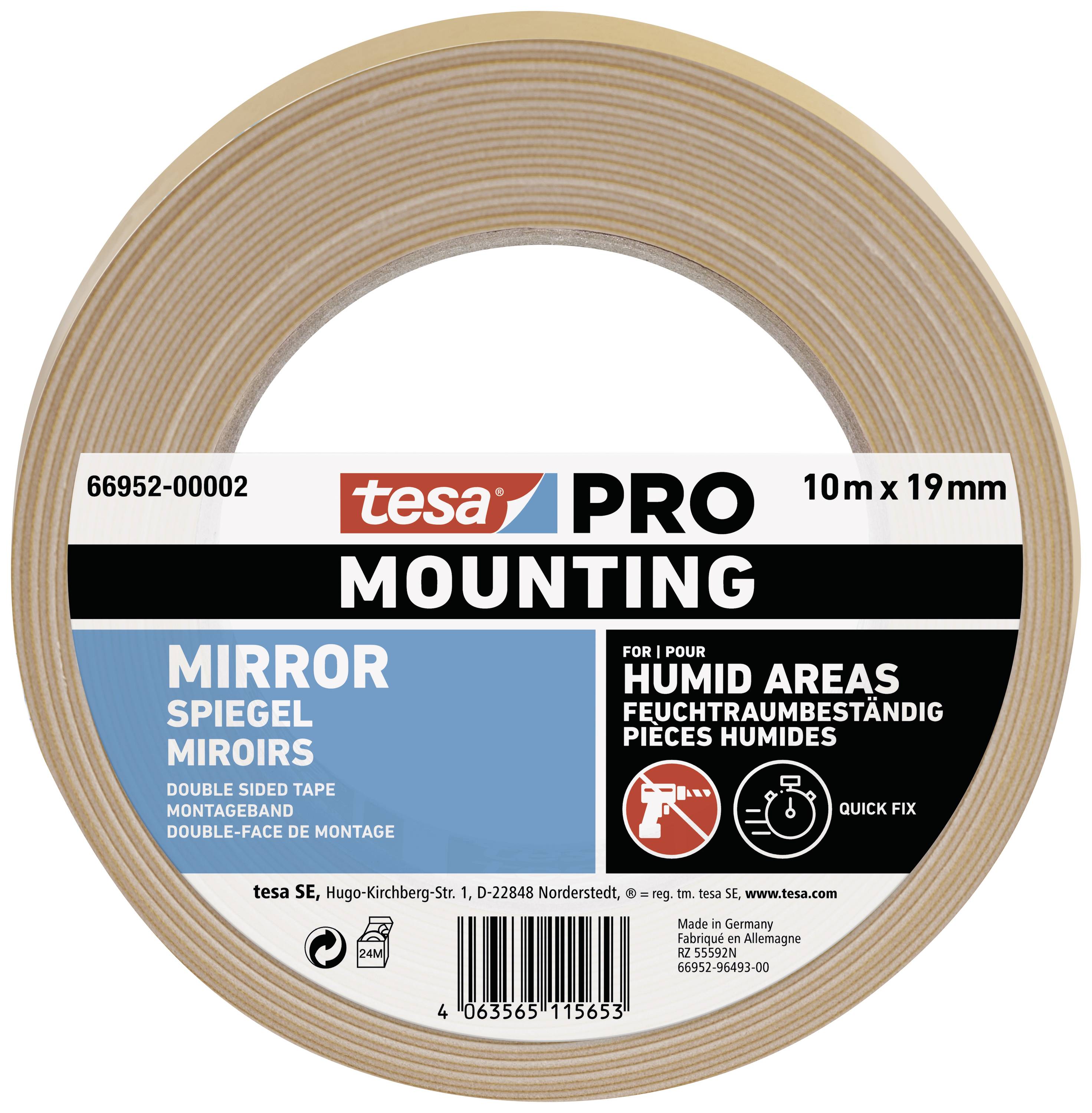 A roll of double-sided adhesive tape by tesa PRO, specifically designed for mirror mounting and suitable for damp environments.