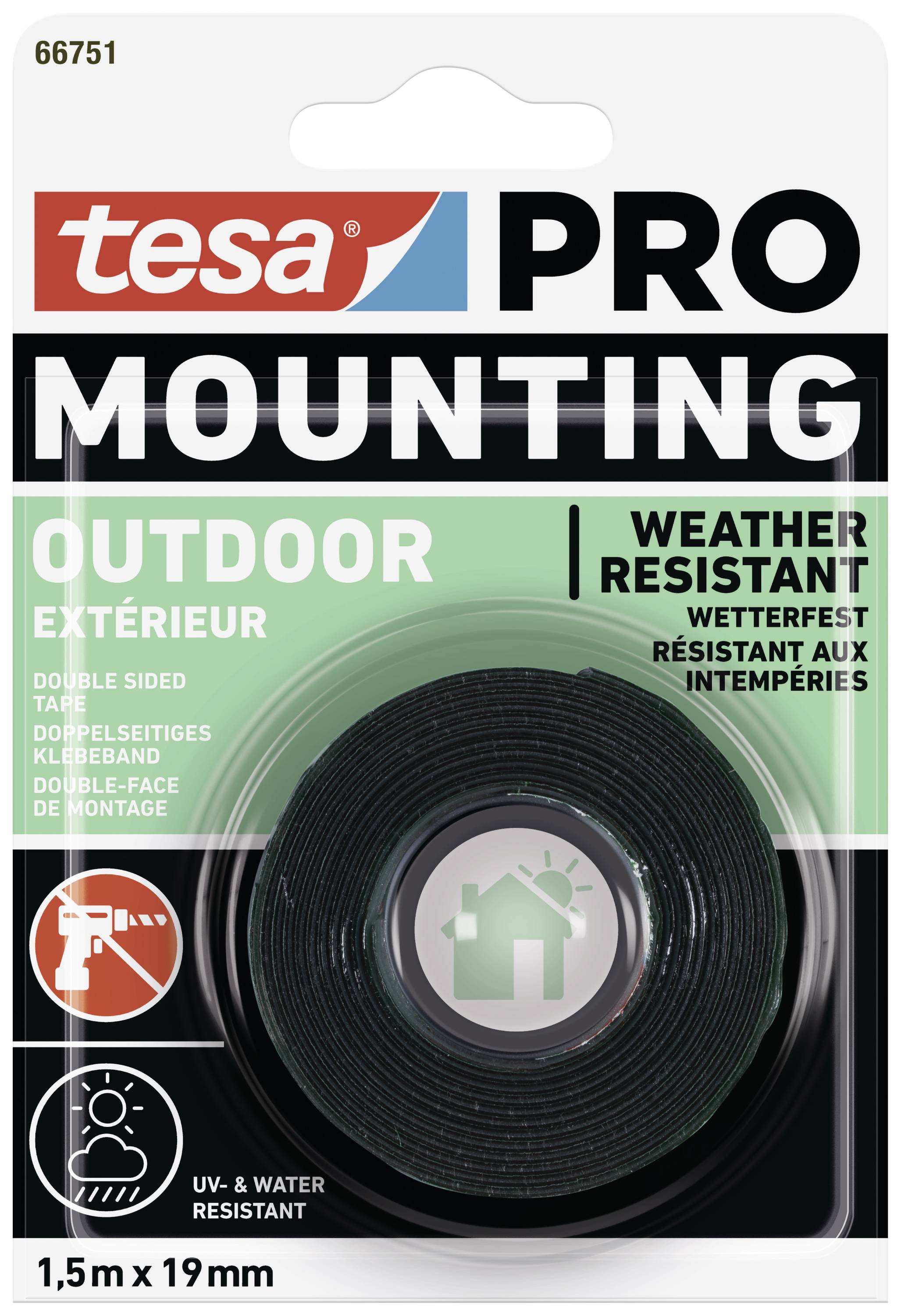 Double-sided adhesive tape 'tesa PRO MOUNTING OUTDOOR', weatherproof for outdoor use, 1.5 m x 19 mm.