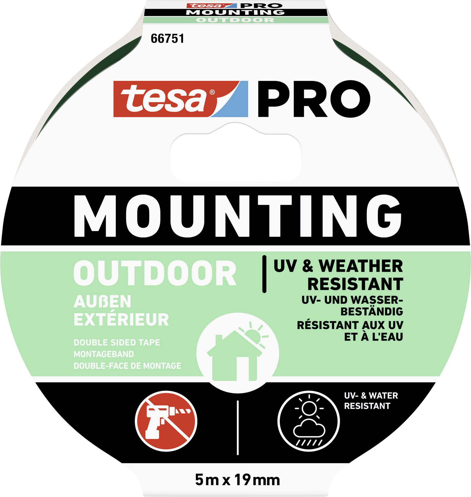 Mounting Tape for Exterior Use, 5m x 19mm, UV and Water Resistant, Suitable for Rough Surfaces, Black and White Packaging, Tesa PRO Brand.