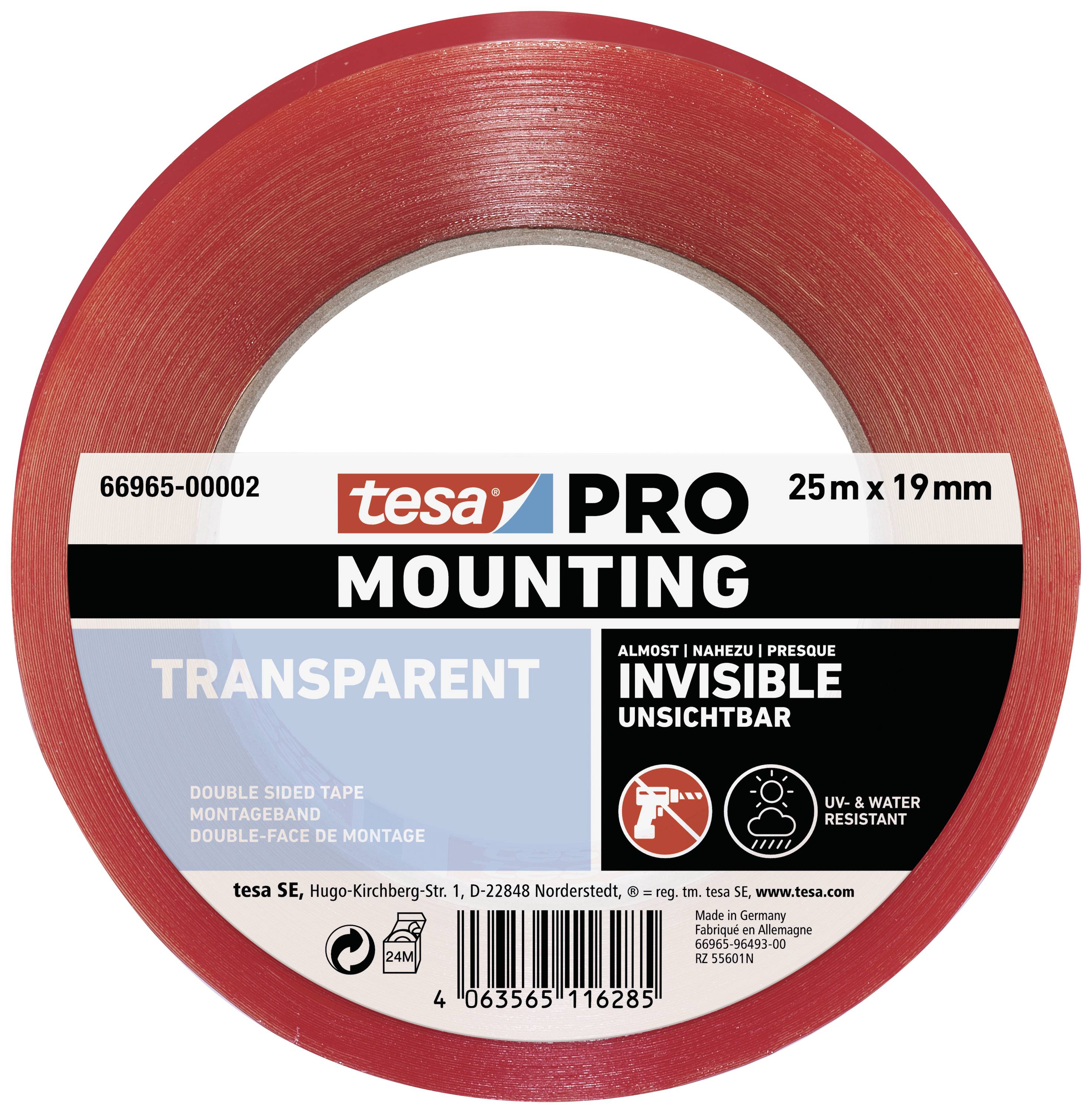 Red roll of double-sided adhesive tape from Tesa, 25m x 19mm. Labelled 'Transparent', 'Invisible', 'Unsichtbar', waterproof.
