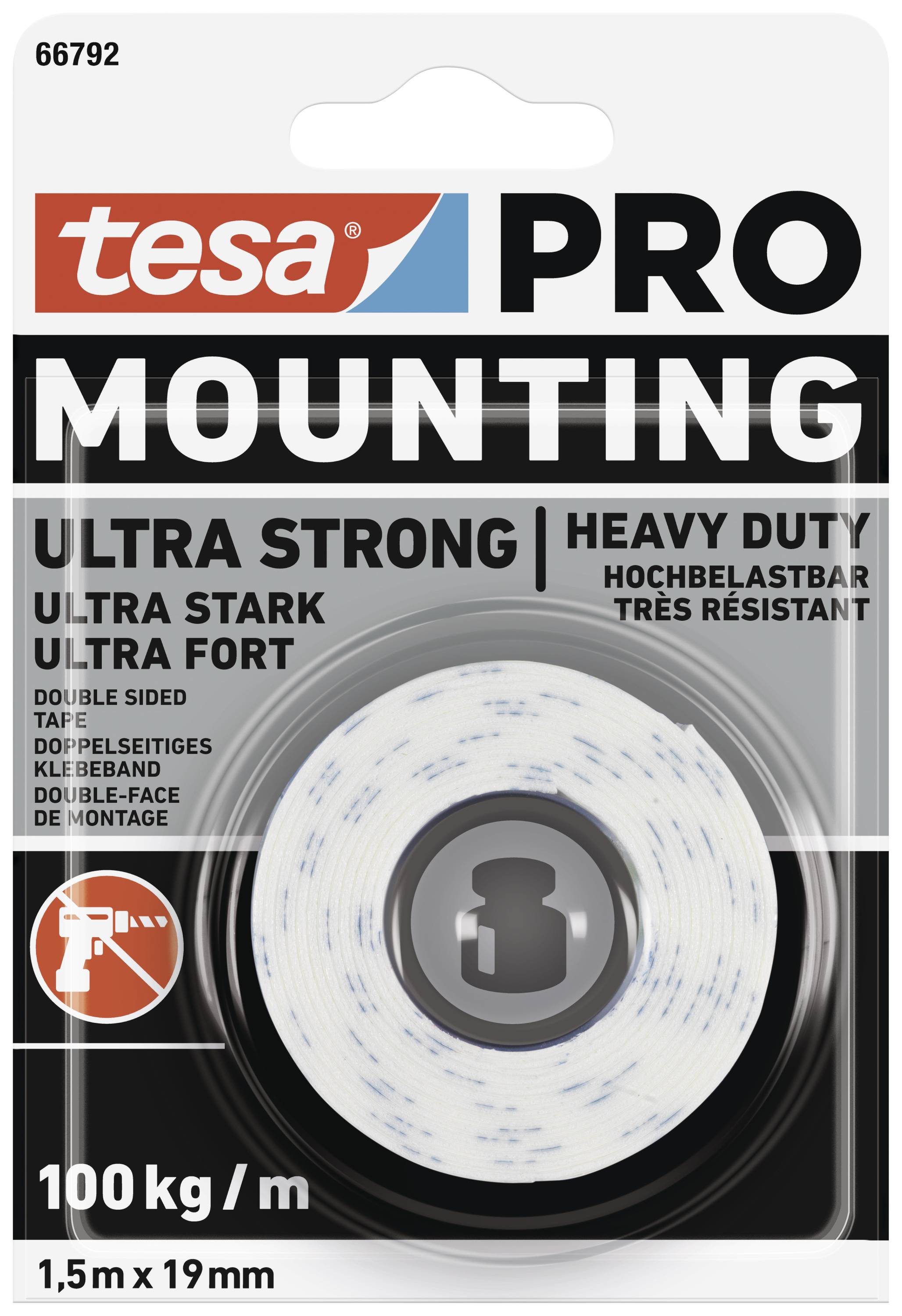 'Tesa PRO Mounting Tape', ultra strong, double-sided, 100 kg/m load capacity, 1.5 m x 19 mm. Packaging with illustration of the tape.