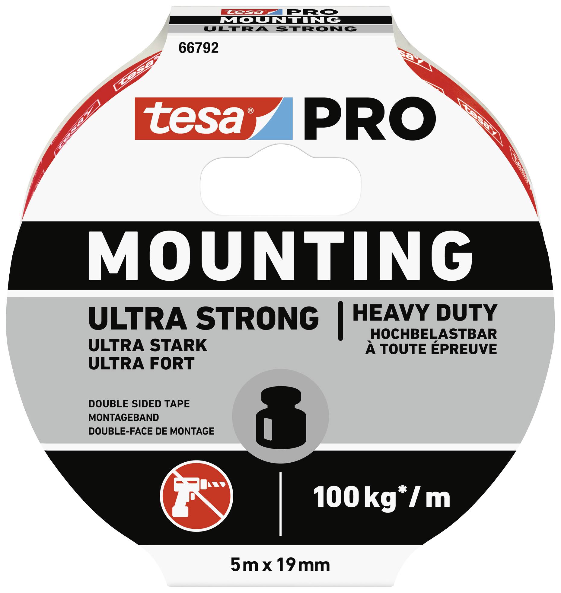 Adhesive Tape 'tesa PRO', ultra strong, 5 m long, 19 mm wide. Holds up to 100 kg/m. For double-sided mounting, high load-bearing capacity.