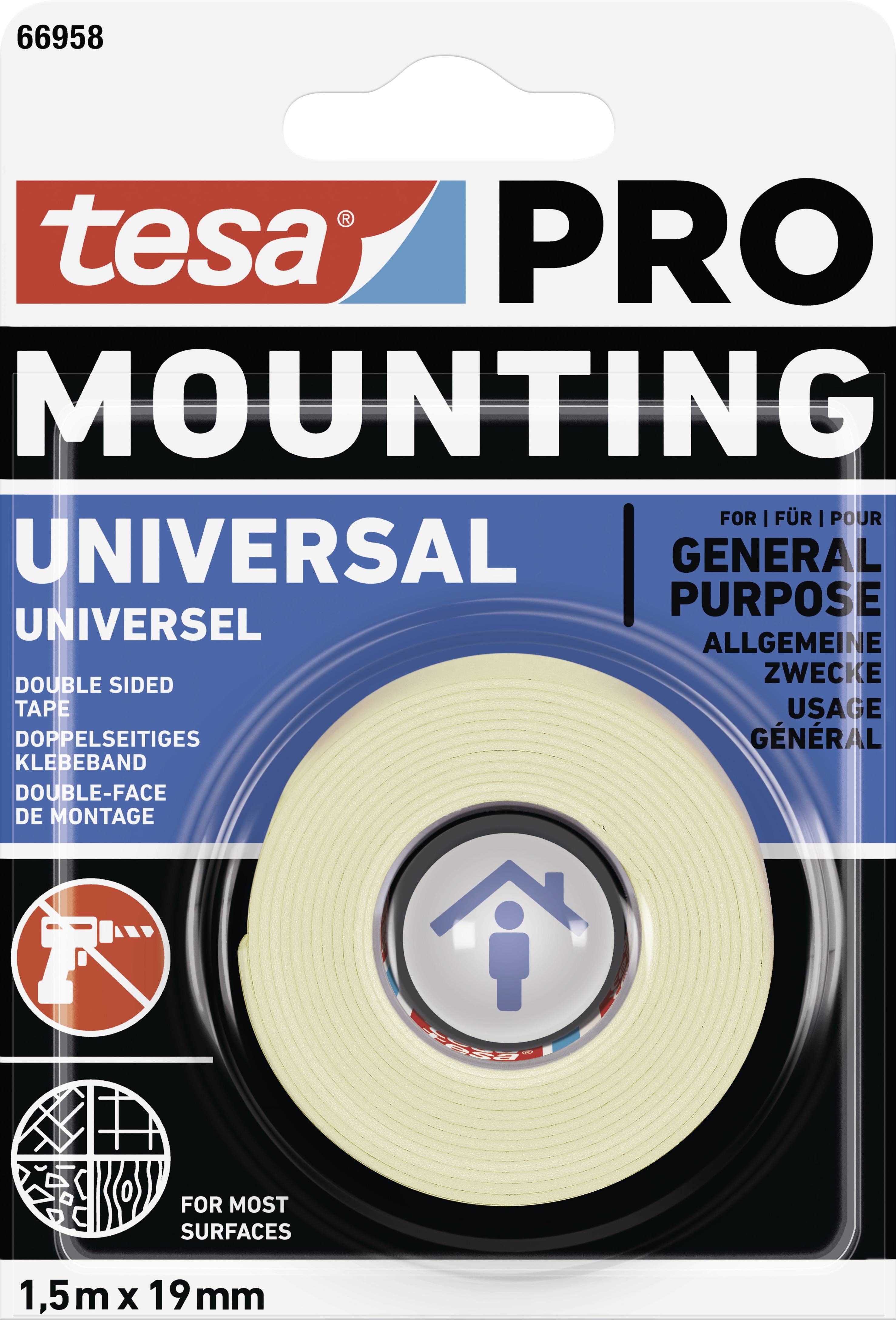 Double-sided adhesive tape from tesa for general applications, 1.5 m x 19 mm, suitable for many surfaces.