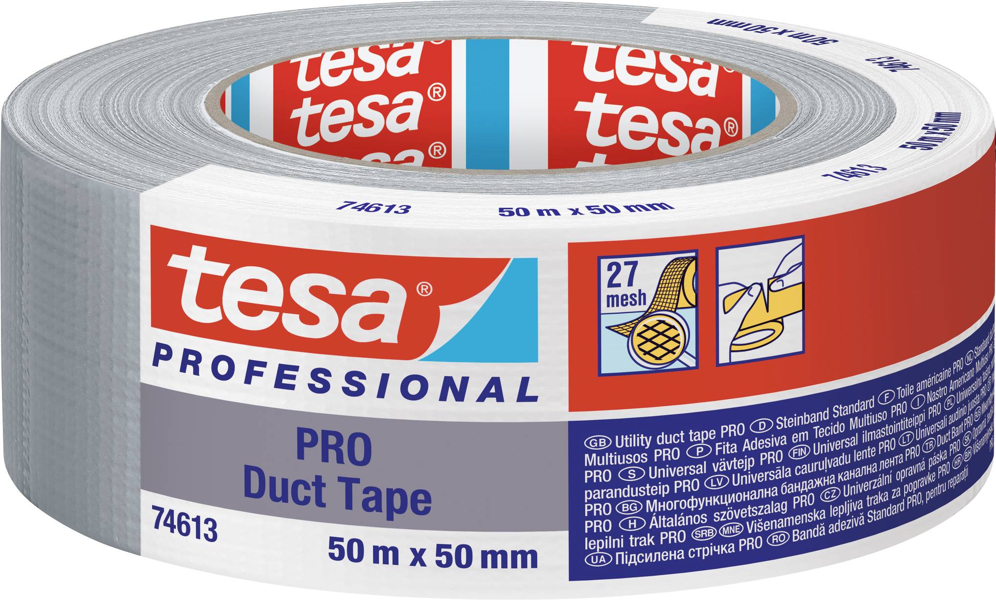 A roll of grey fabric adhesive tape by Tesa, Professional product line, with dimensions of 50 m x 50 mm on the packaging.