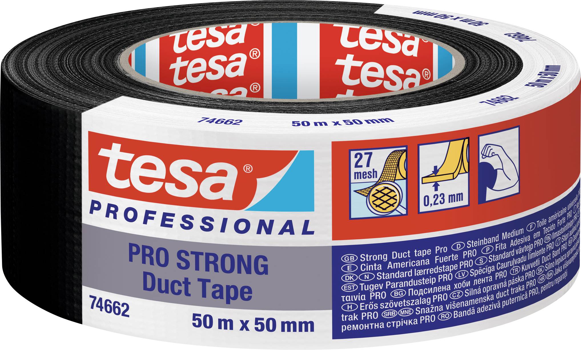 Roll of tesa PRO STRONG Duct Tape, 50 m x 50 mm, black, with product information and application examples on label.
