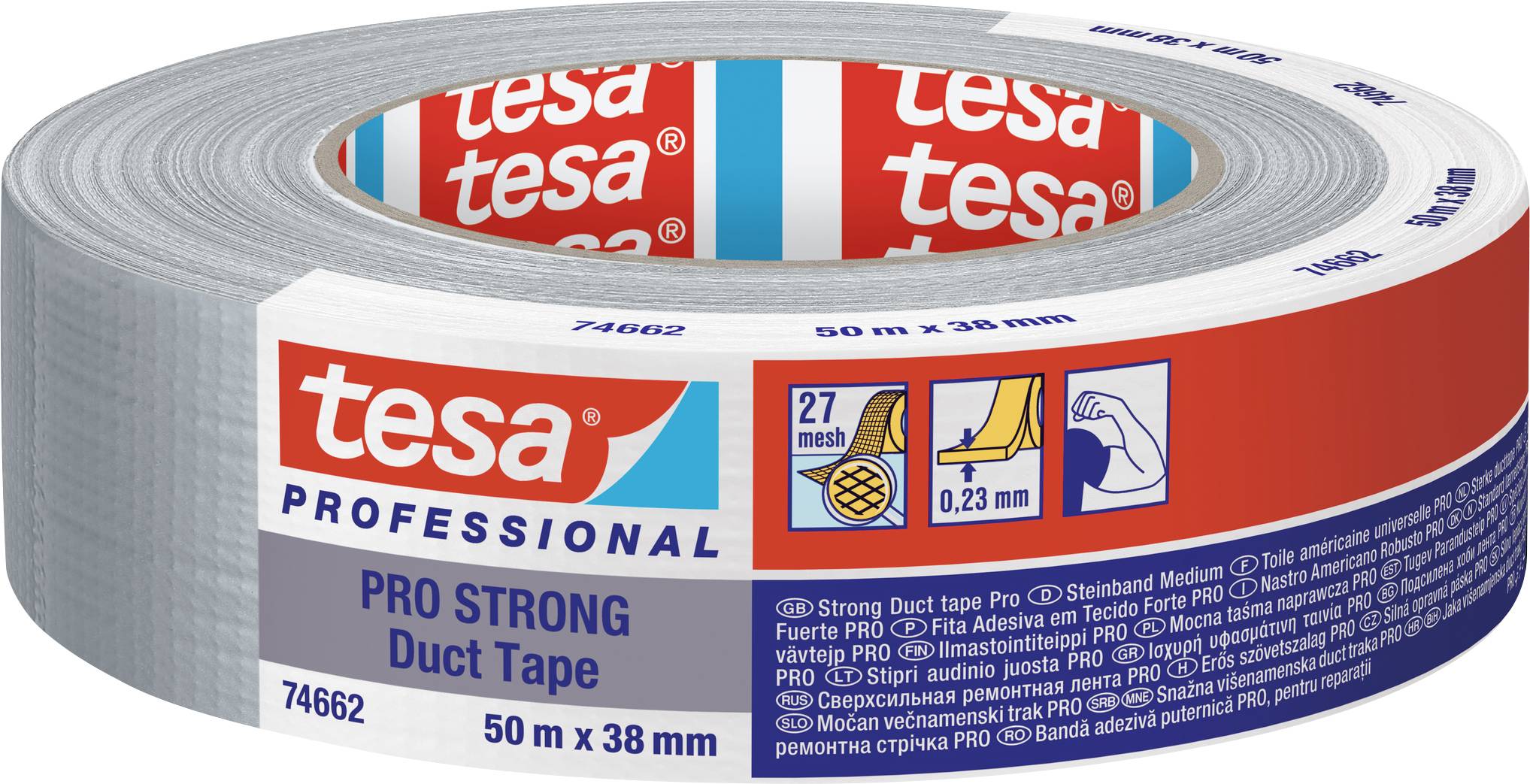 A roll of grey, professional fabric tape by Tesa with the inscription 'PRO STRONG Duct Tape', 50 m x 38 mm.