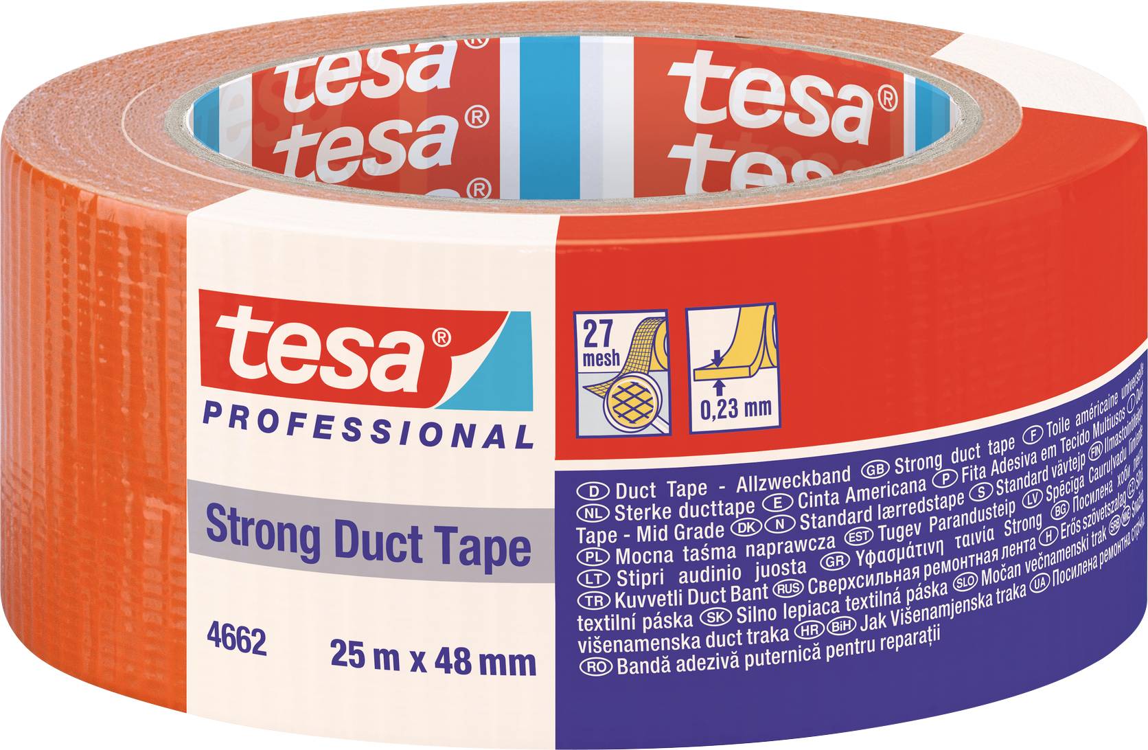 Role of an orange and white adhesive tape by the brand 'tesa', labelled as 'Strong Duct Tape', 25 m x 48 mm.