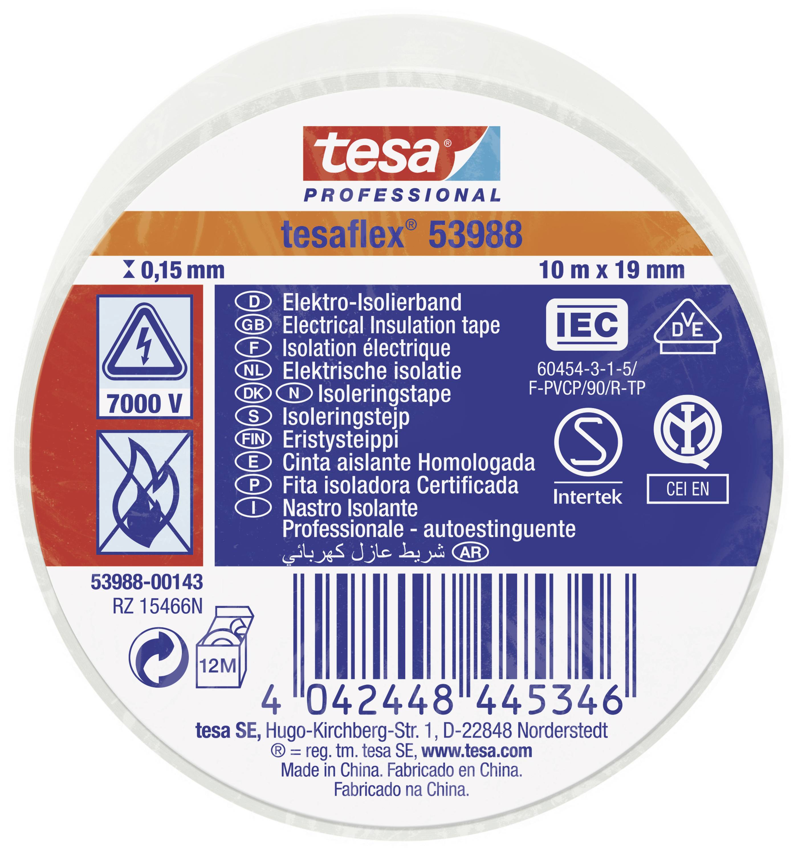 Roll of electrical insulating tape, brand tesa, model tesaflex 53988, 10 m x 19 mm, 7000 V, CE mark, various standards and test marks.