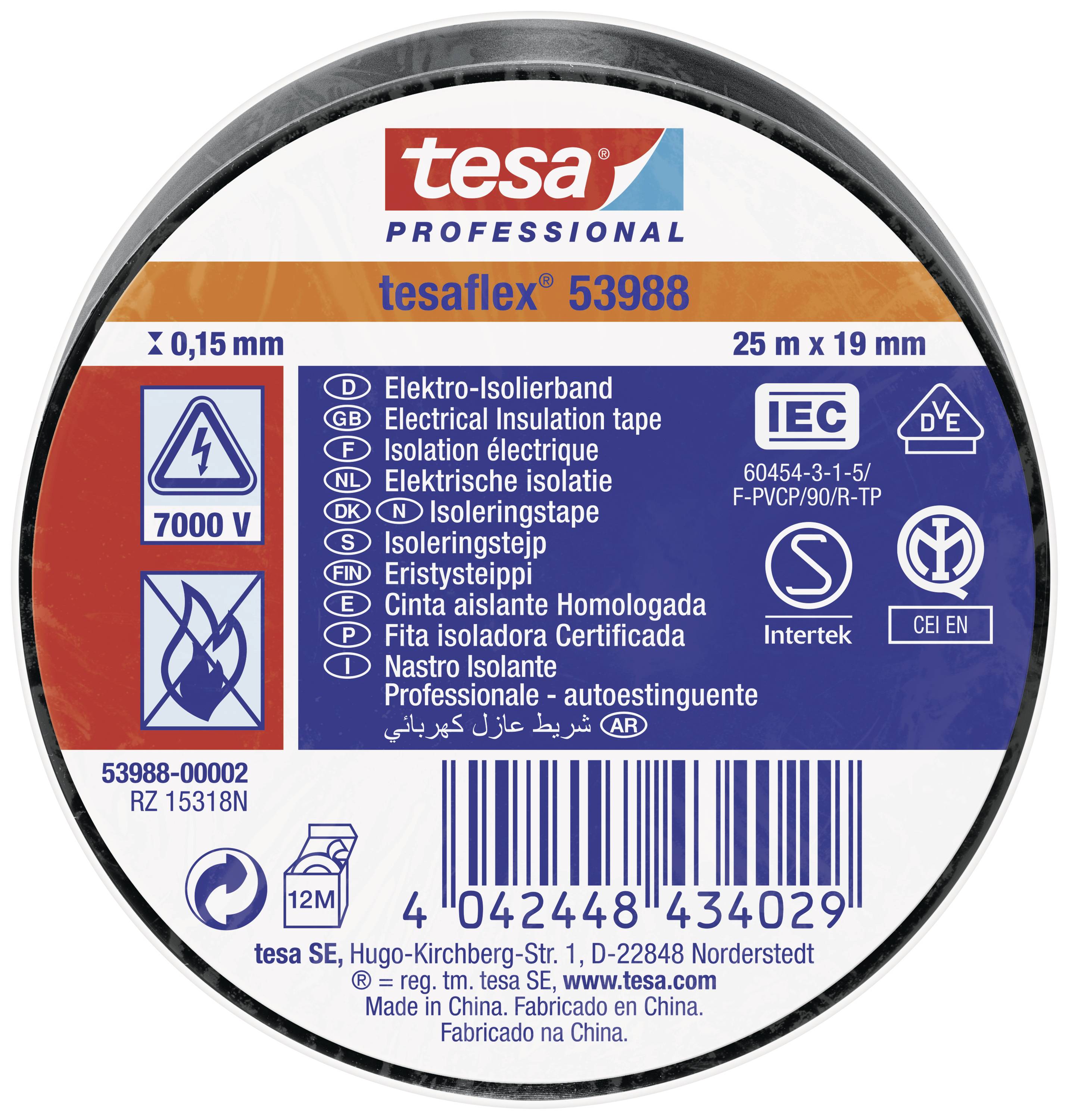 Roll of tesa 53988 electrical insulating tape, 25 m x 19 mm, insulated up to 7000 V, suitable for cold forming and self-extinguishing.