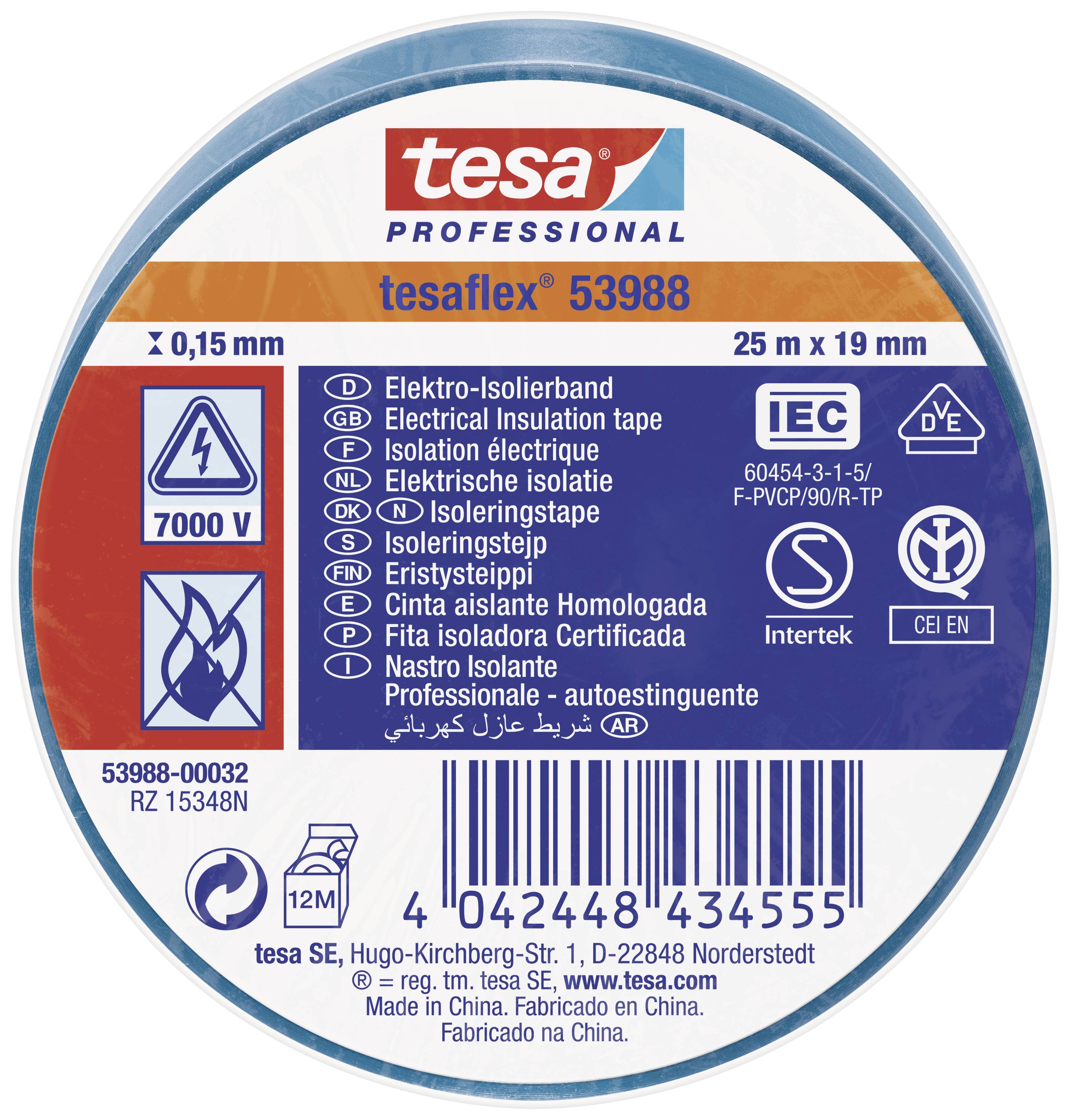 Round packaging of tesa Professional electrical insulation tape with product details, specifications, and safety information on the label.