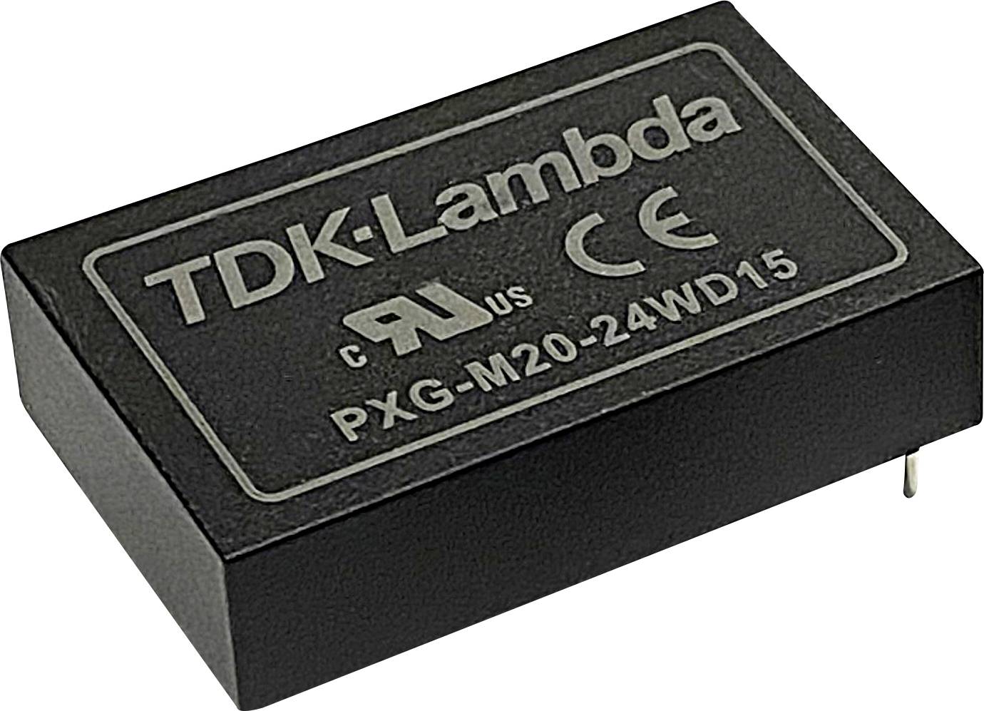 TDK-Lambda PXG-M20-24WD15 DC converter in a rectangular housing with CE and UL technical certificates on the top side.