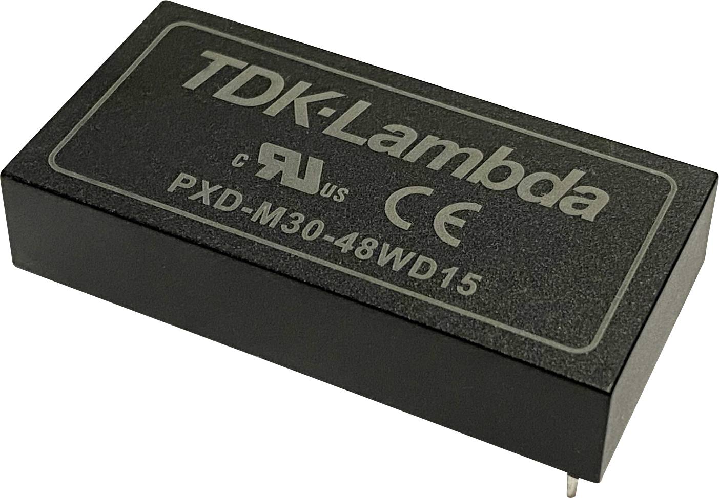 Black TDK-Lambda voltage converter, model PXD-M30-48WD15, with UL and CE certifications printed.