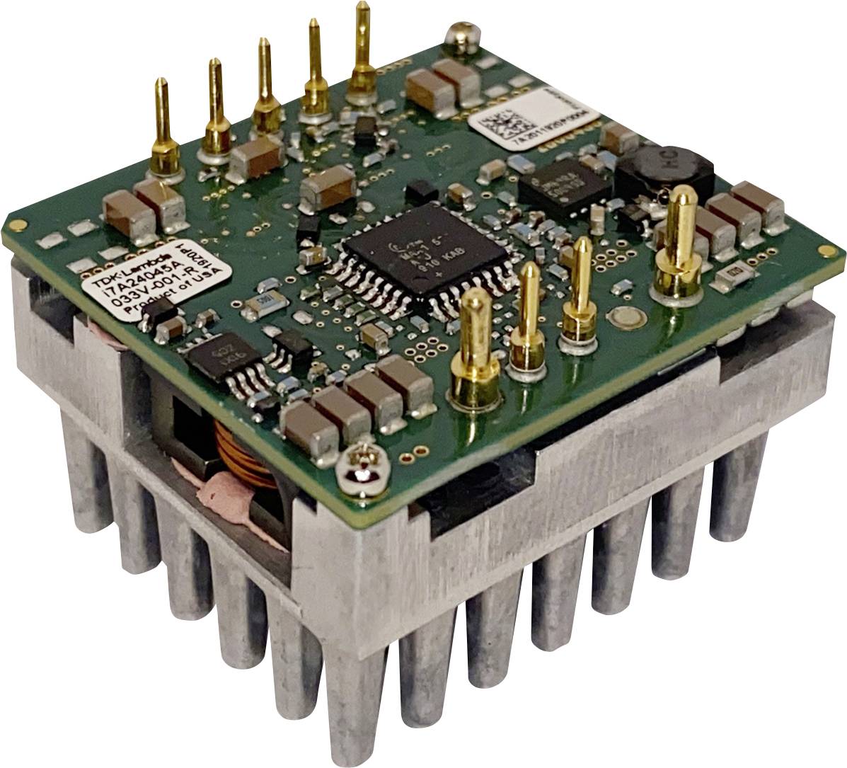 Electronic module with multiple connectors, chips, and heatsink; serves to dissipate heat in a technical application.