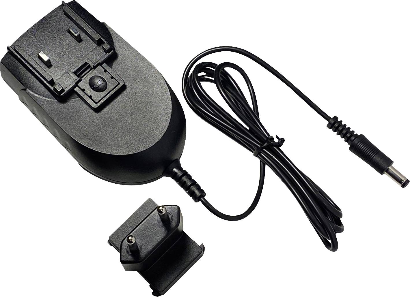 A black charger with a detachable connector and power cable.
