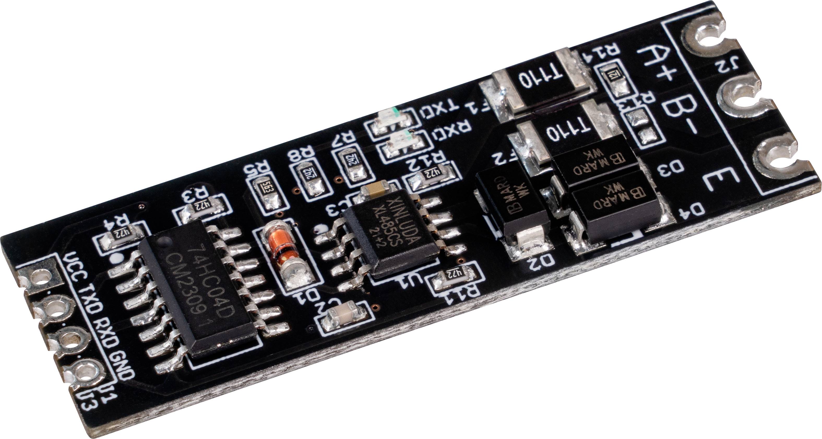 Black electronic circuit board with various microchips and electronic components, including resistors and capacitors.