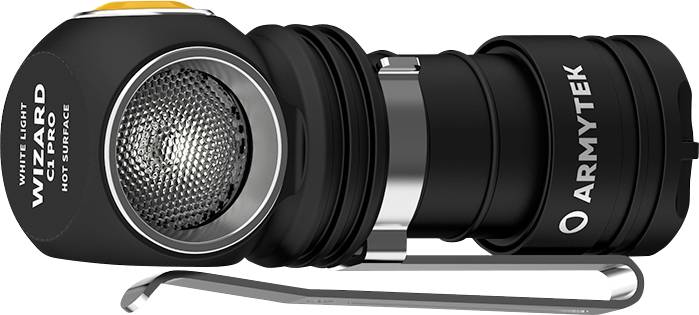 Black tactical torch with side mounting clip, bearing the inscriptions 'ARMYTEK' and 'WIZARD' on the front.