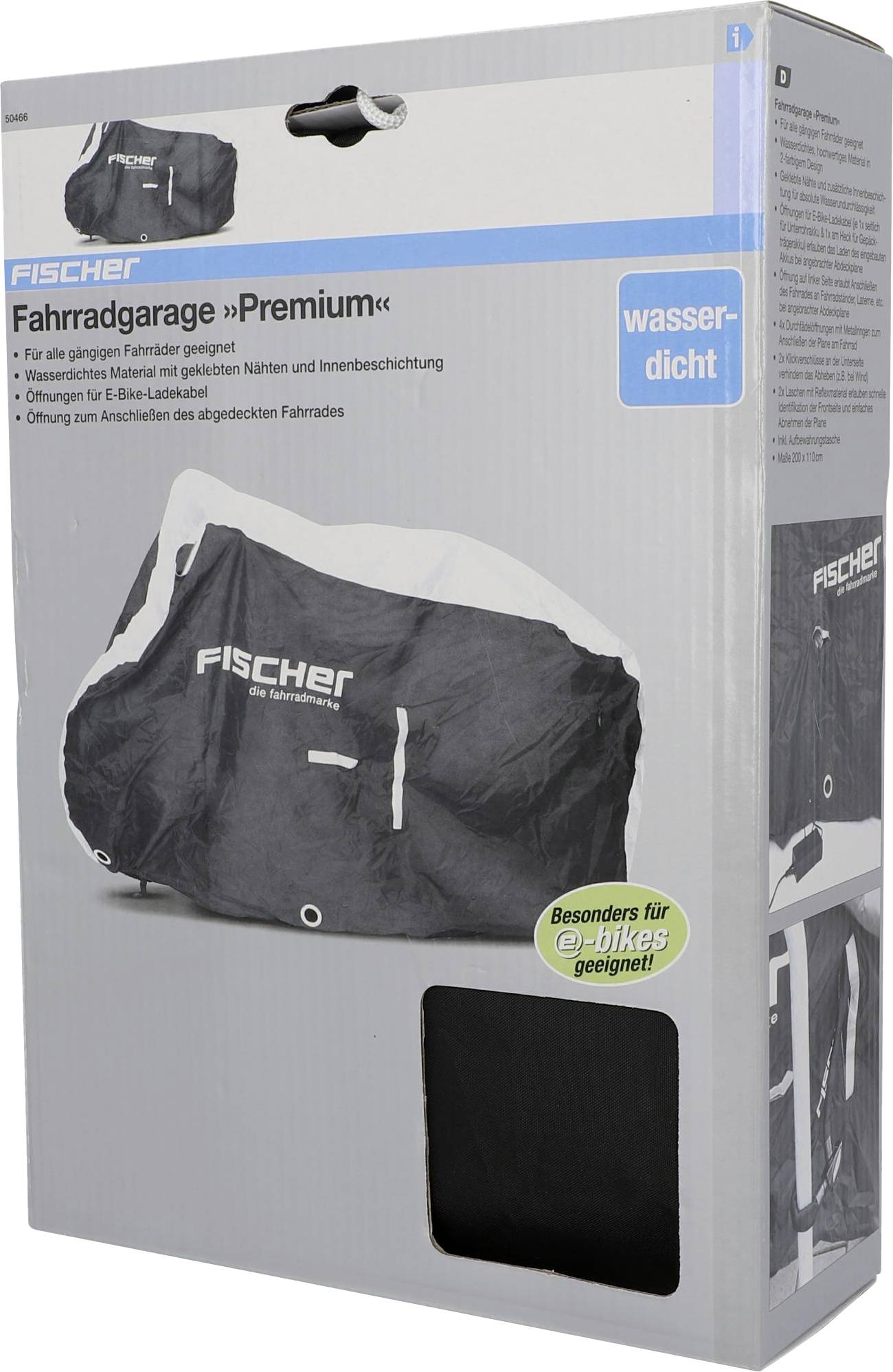 Packaging for a black bicycle garage by Fischer, waterproof, specially designed for e-bikes. Includes an image of the cover on a bicycle.