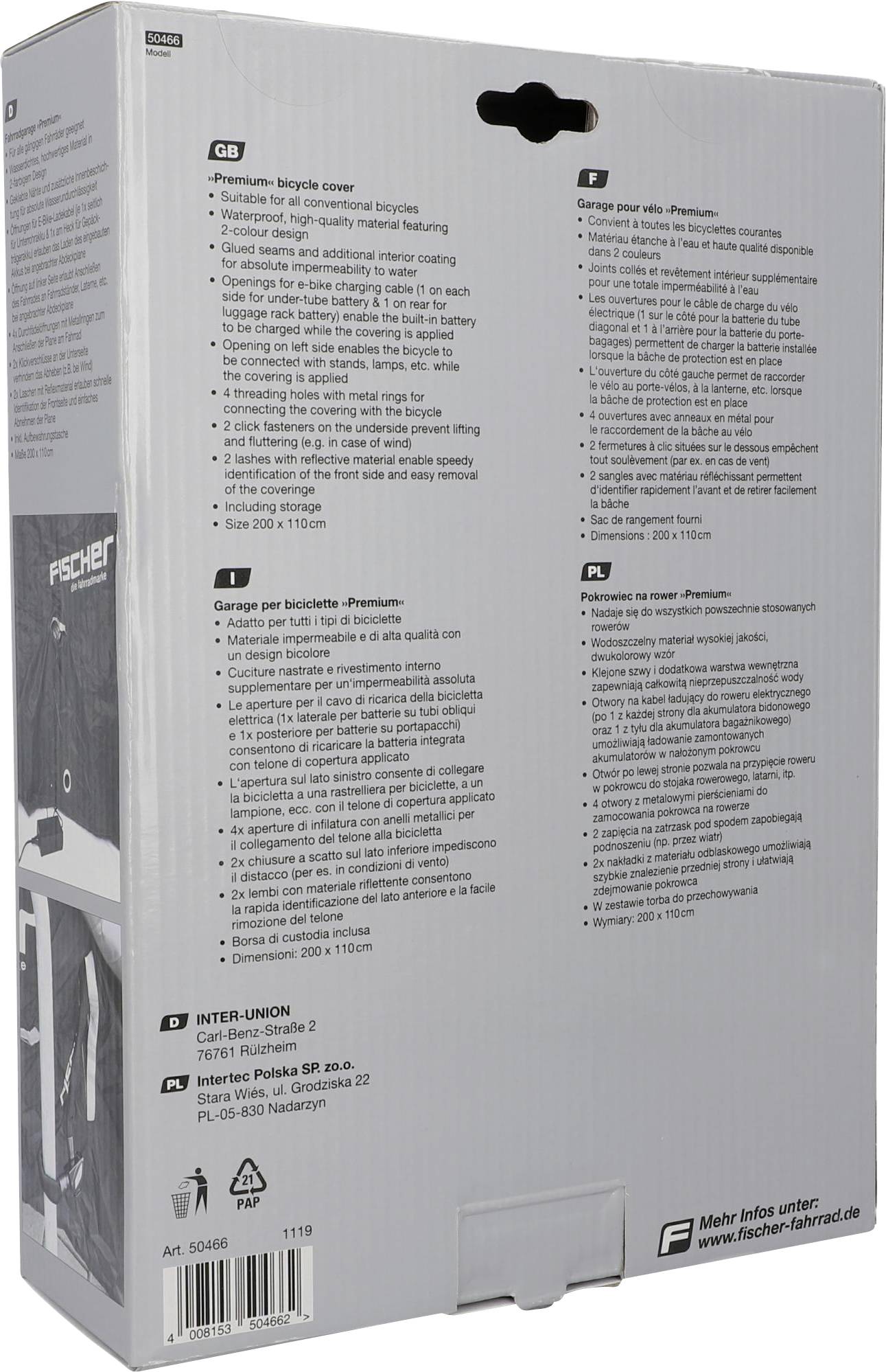 'Premium Bicycle Cover' in packaging. Description in English, German, French and Polish, dimensions 200 x 110 cm.