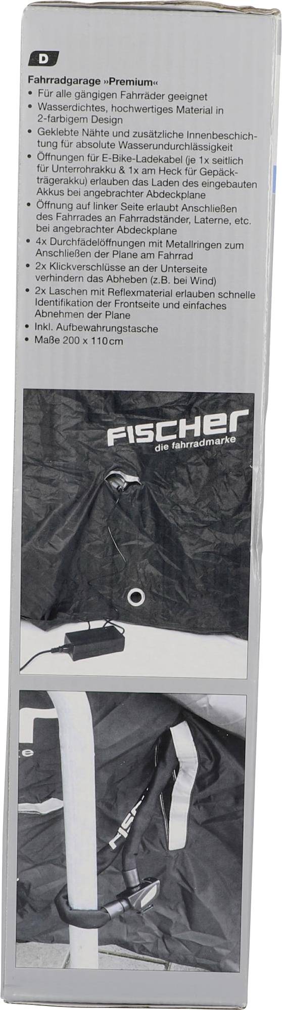 A protective cover for bicycles, weatherproof with ventilation. Black colour, secure fastening mechanism. Brand name 'Fischer'. Dimensions: 200 x 110 cm.