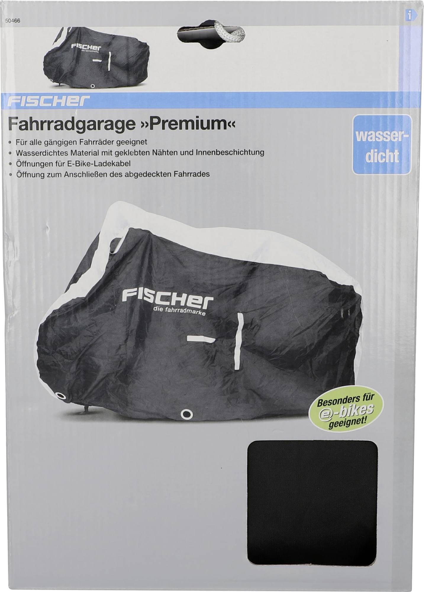 Packaging for FISCHER Bicycle Shelter 'Premium', displaying an image of the shelter in black with prints such as 'waterproof' and 'particularly suitable for e-bikes'.
