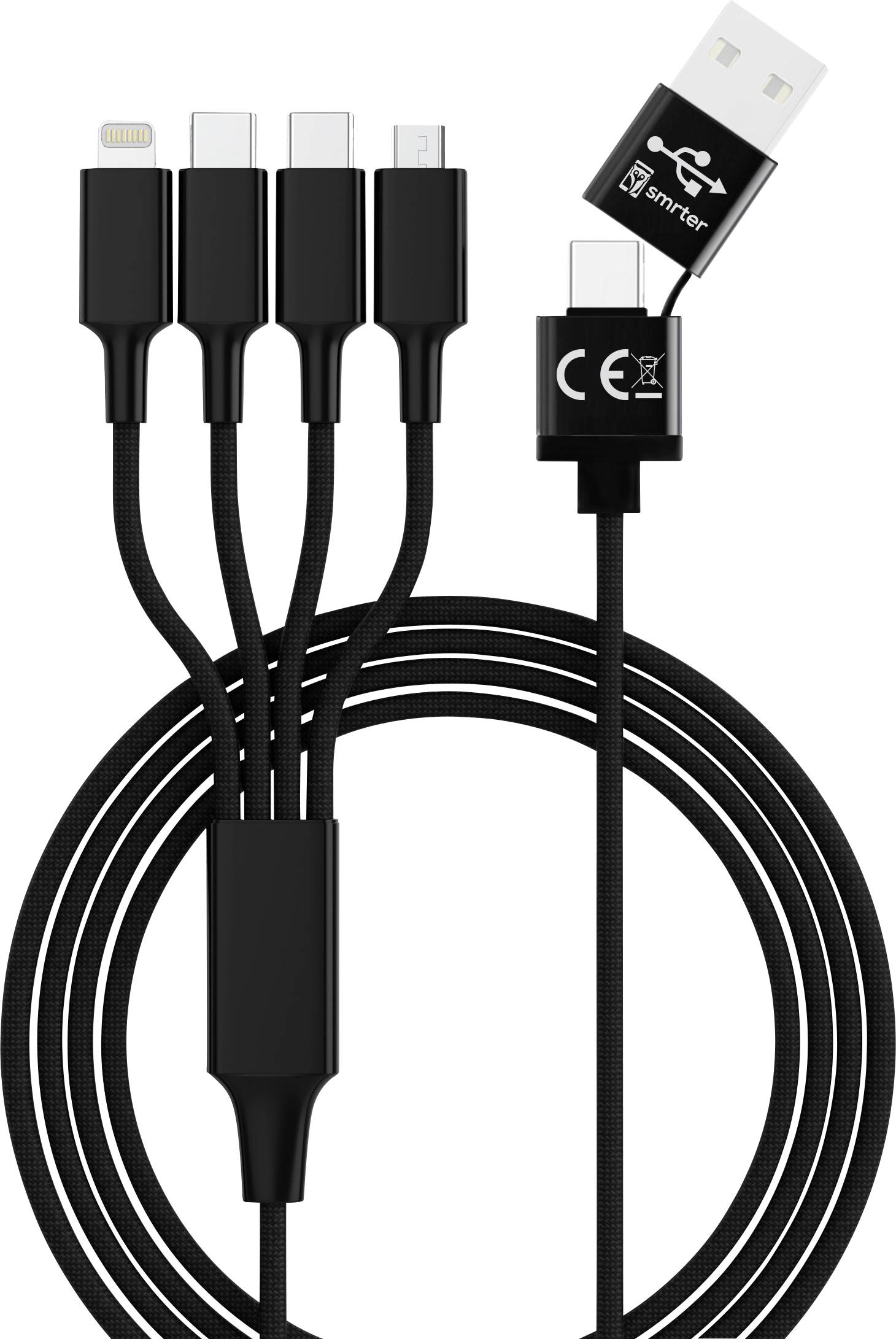 Multi-purpose charging cable with four connectors. Includes USB-C, Micro-USB, Lightning and USB ports. Black, with CE marking.