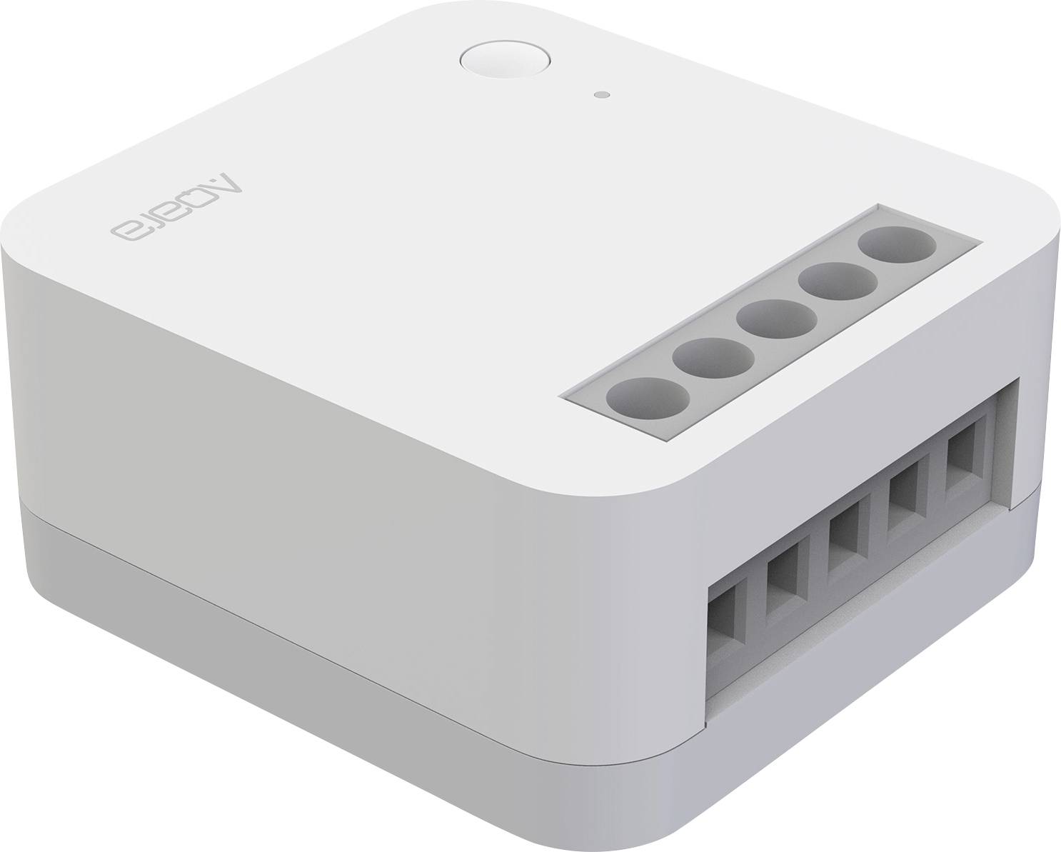 White square smart switch with five connections on the top surface and a small button; suitable for home automation.