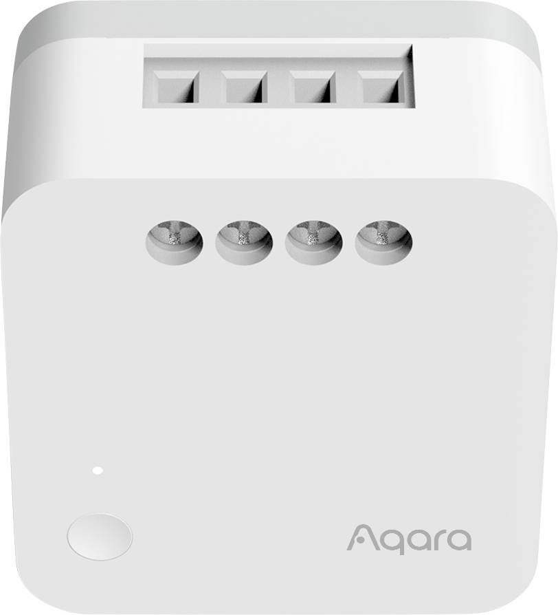 A white, rectangular Aqara switch with multiple power strips and a small round button on the front.