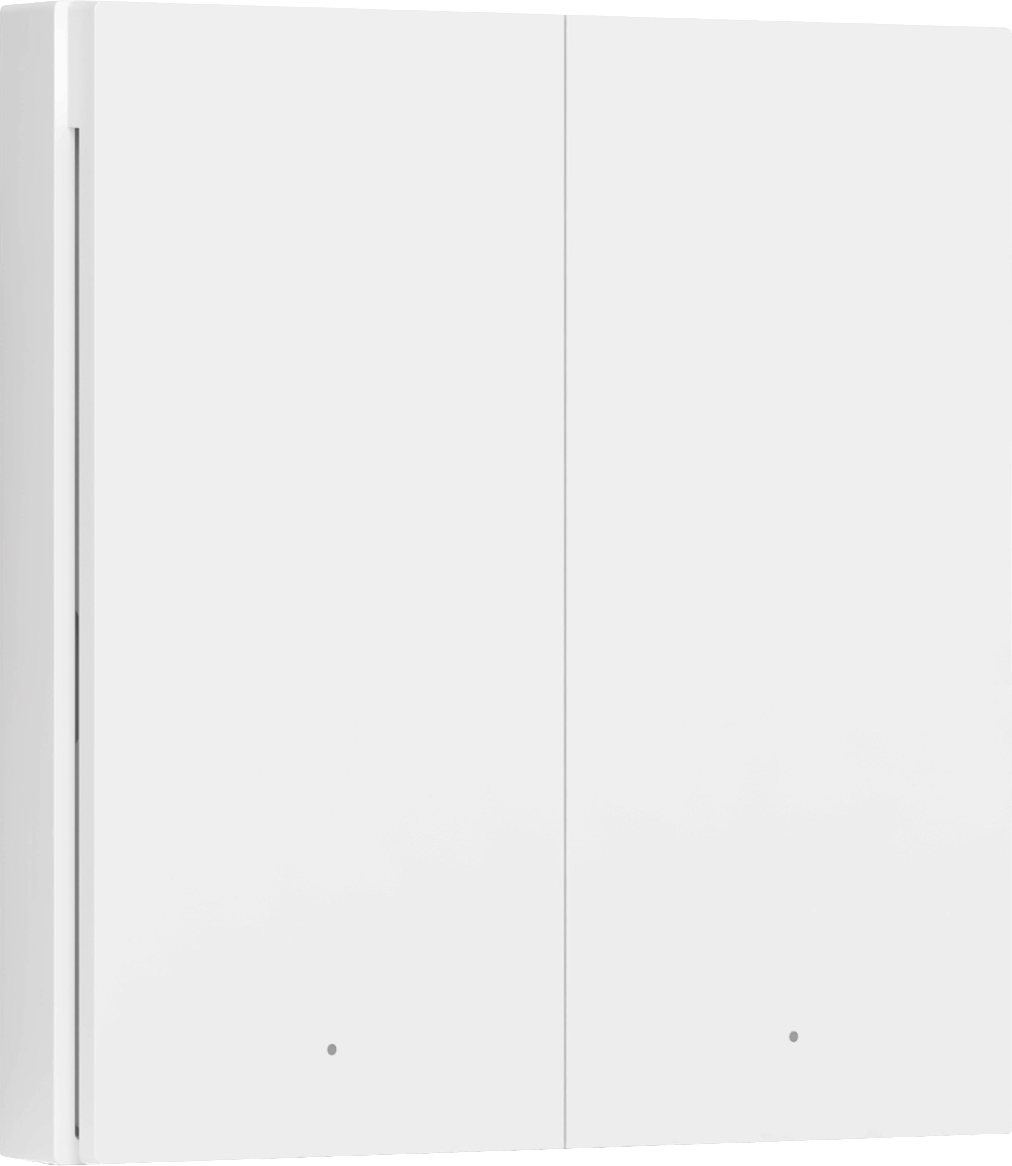A white, rectangular wall cabinet with two plain doors, suitable for storage in the kitchen or bathroom.