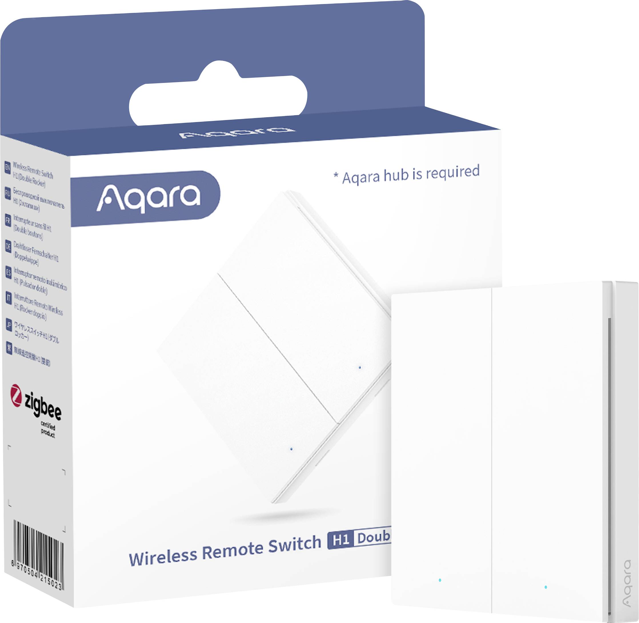Wireless Double Wall Switch with Zigbee Support, packaging shows product image. Note: 'Aqara hub is required'.