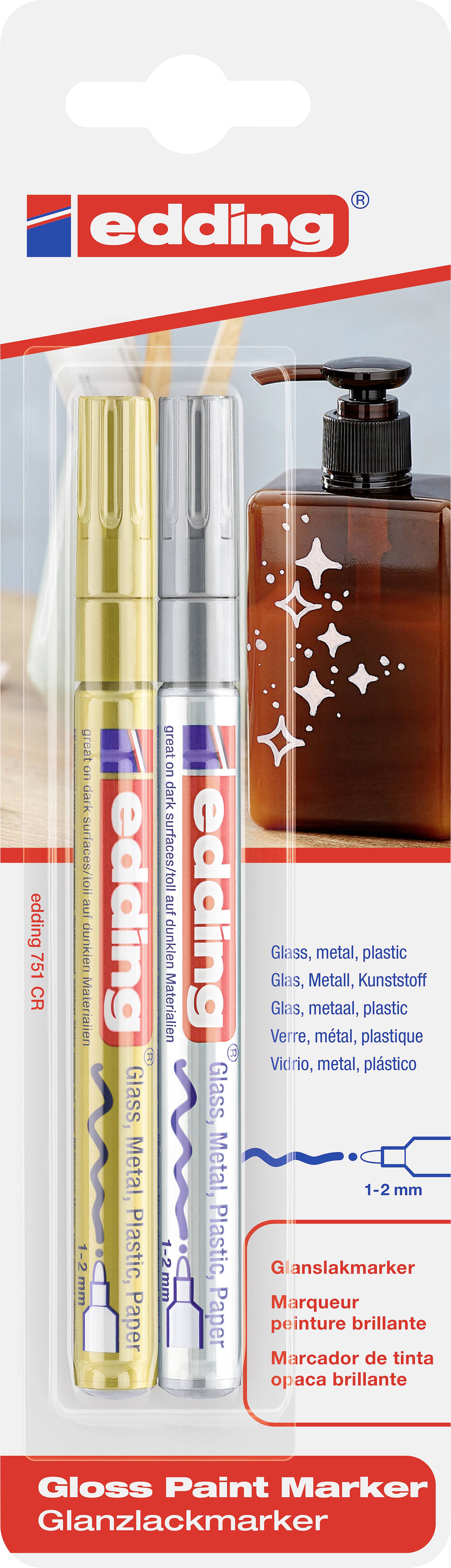 'edding Gloss Lacquer Marker' packaging with two markers in Gold and Silver; suitable for glass, metal, plastic and more.