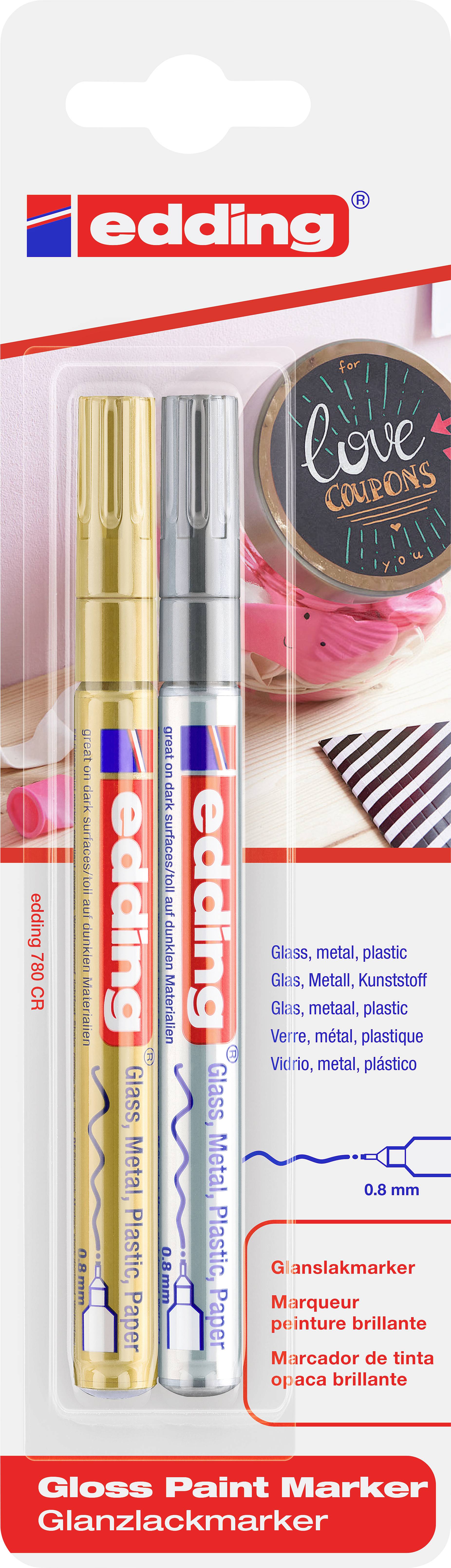 Two high-gloss lacquer markers in gold and silver from edding, ideal for glass, metal and plastic. Includes application example on board.