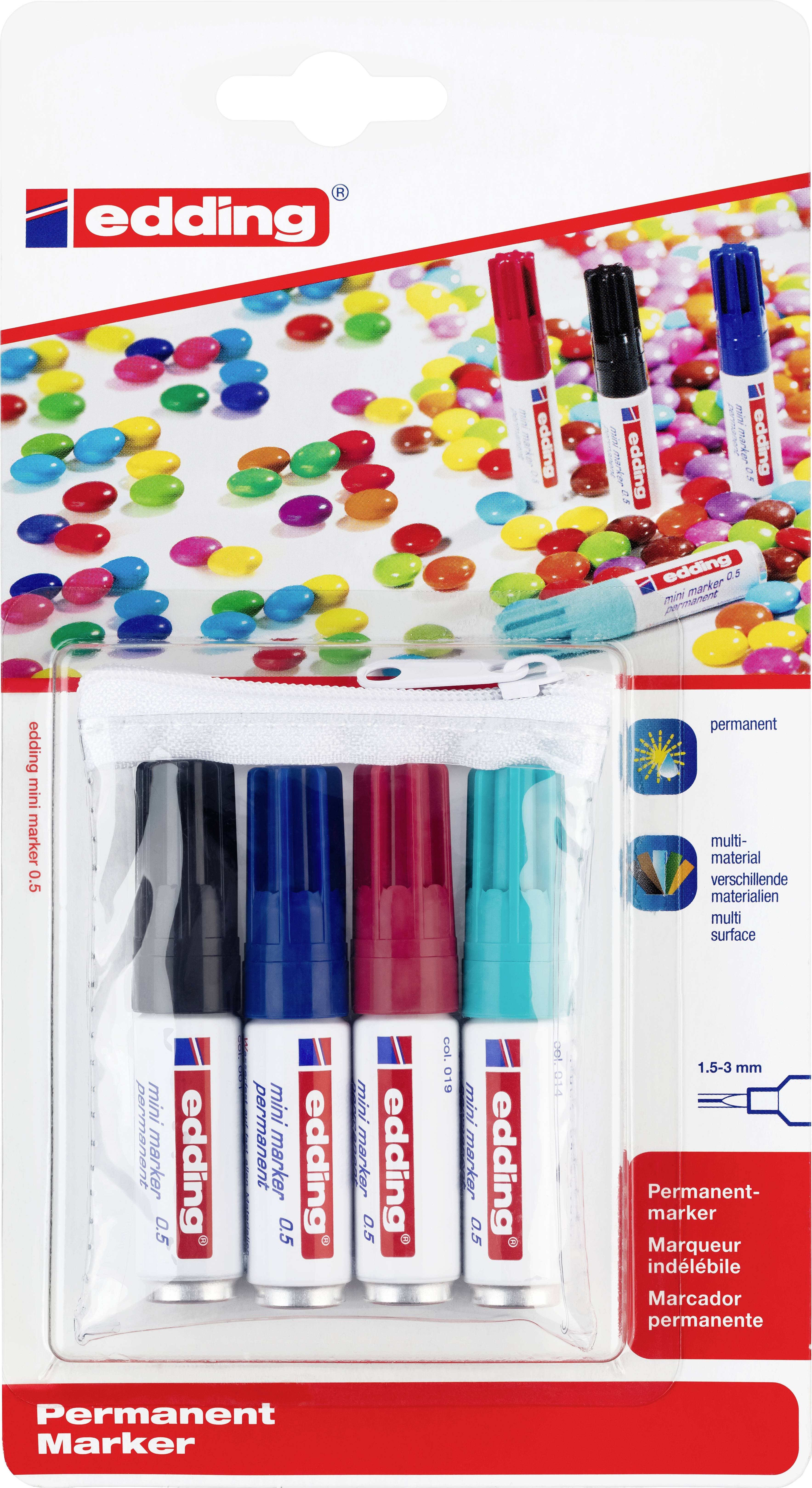 Four colourful edding permanent markers in a package with colourful dots. Suitable for various surfaces, 1-3 mm tip.