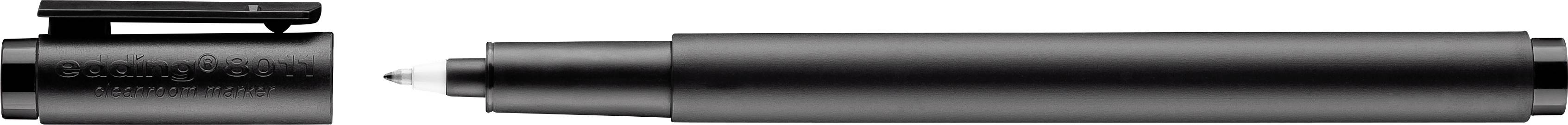 A black pen with its cap removed is visible. The pen is positioned horizontally, with its tip pointing to the left.