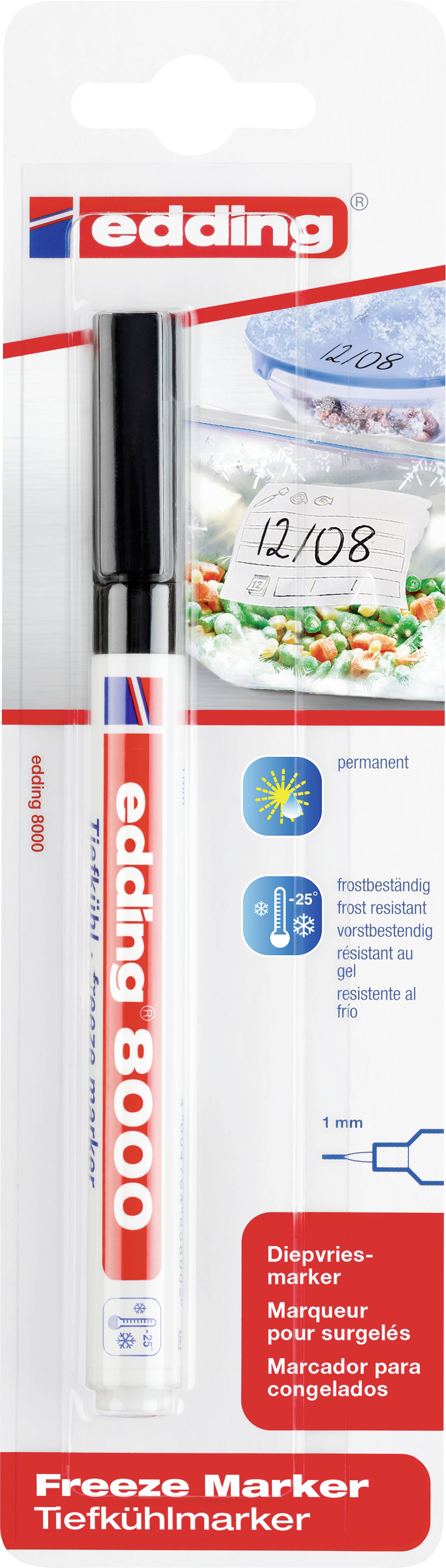Packaging for an Edding 8000 Freezer Marker, permanent, black. Suitable for labelling frozen food.