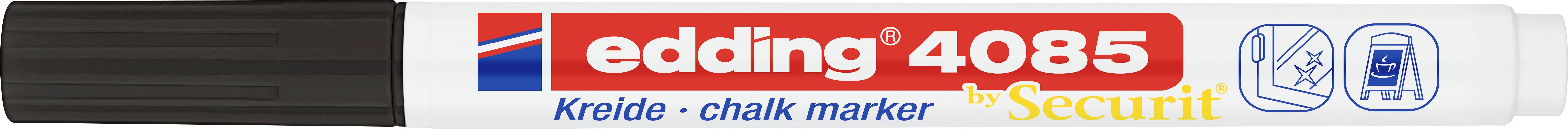 A 'edding 4085 Securit' chalk marker with a black cap, suitable for boards and glass, with a simple wipe symbol.