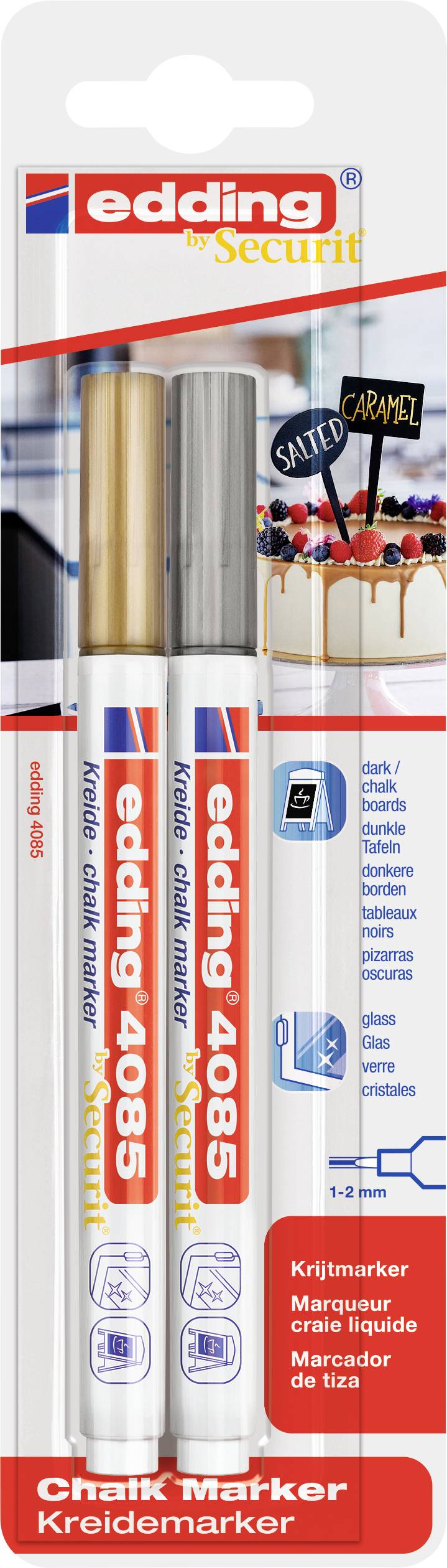 'edding 4085 Chalk Marker Set' with two markers in Gold and Silver. Background photo shows boards with text such as 'Salted Caramel'.