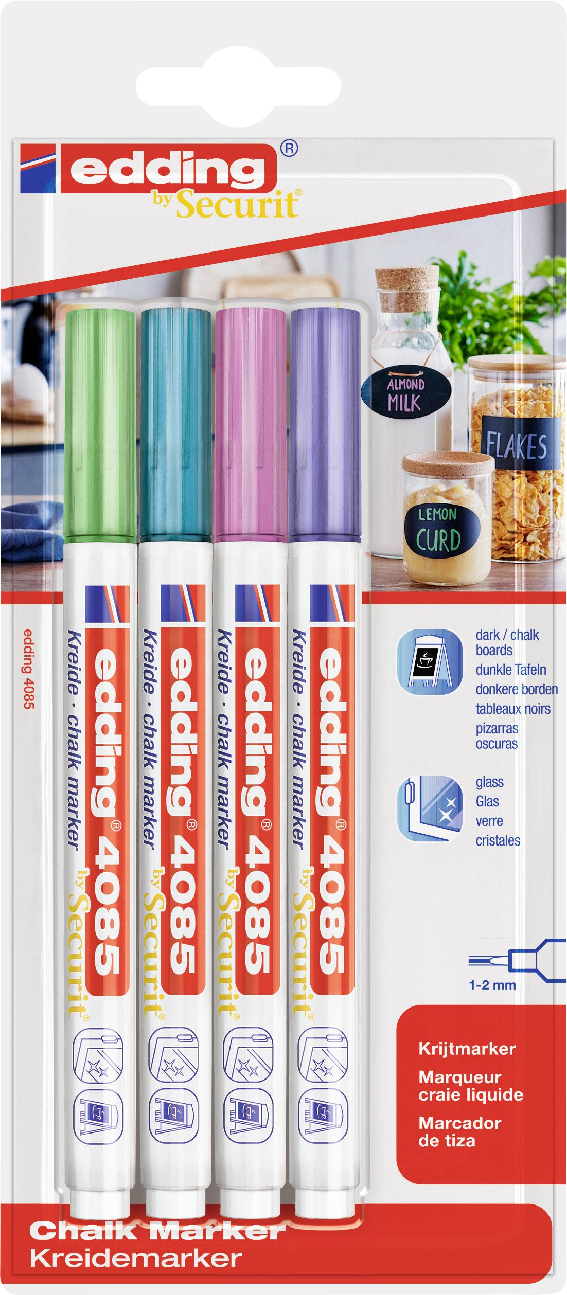 Packaging containing four edding 4085 chalk markers in Green, Blue, Pink and Purple. Suitable for smooth surfaces such as blackboards or glass.