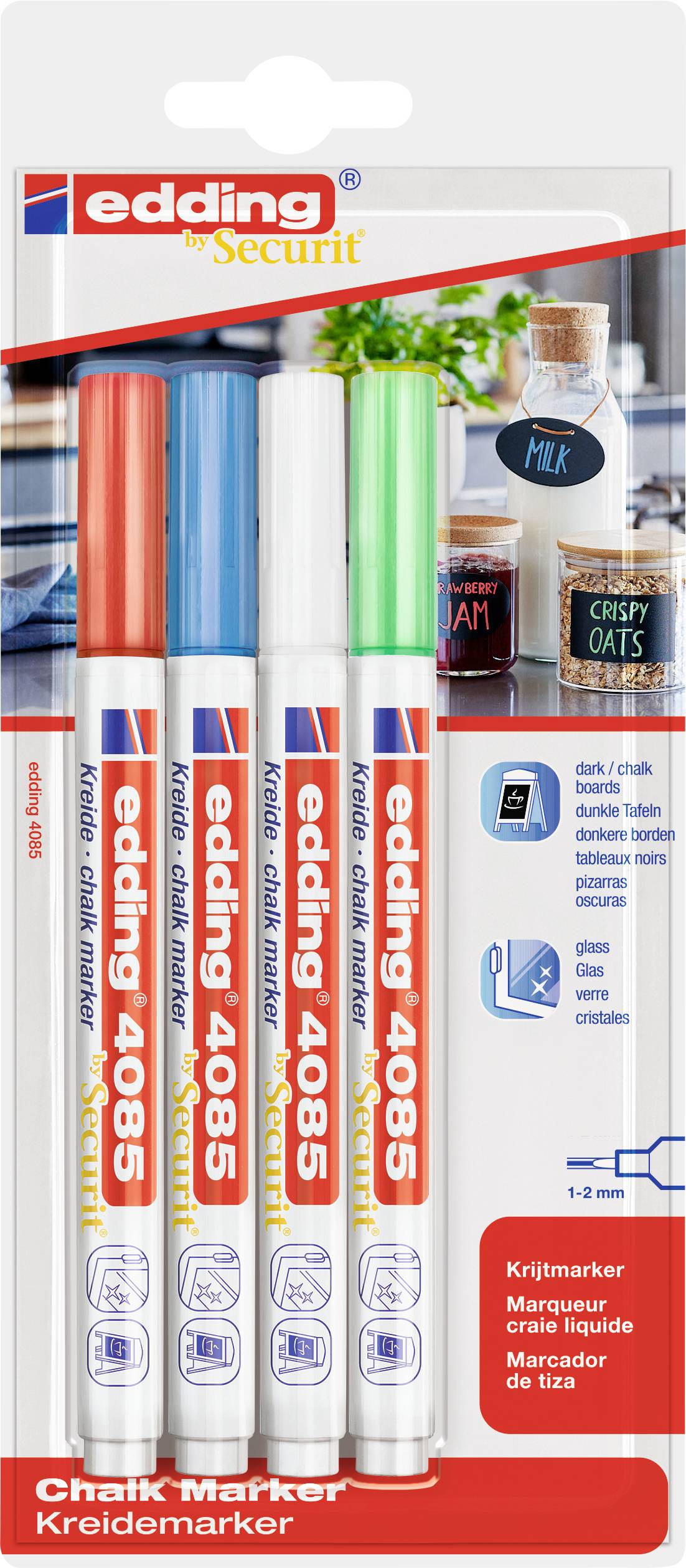 Four chalk markers in Red, White, and Green included. Packaging displays painted labels on jars with inscriptions such as 'MILK' and 'CRISPY OATS'.