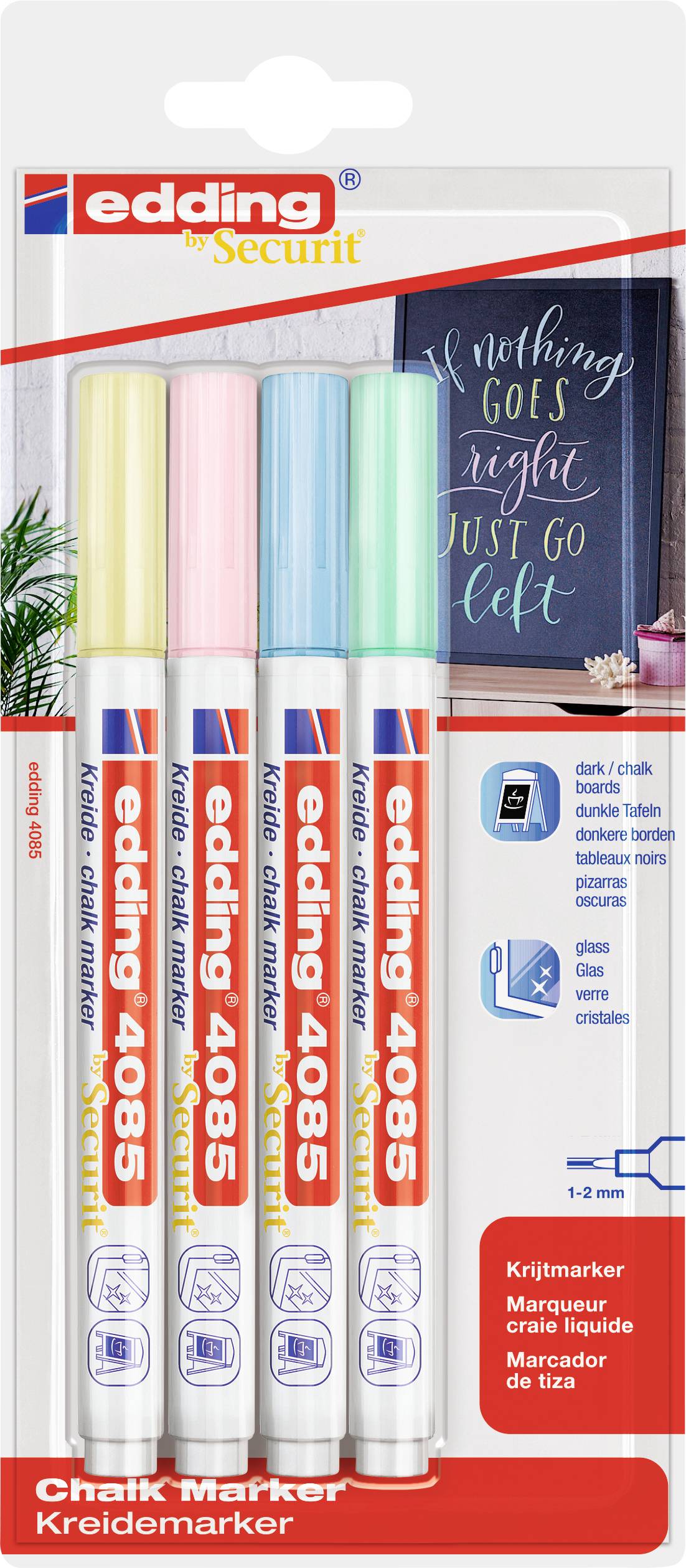 Set of four edding chalk markers in pastel colours, packaged. Suitable for smooth surfaces, such as blackboards, with a chalkboard sign in the background.