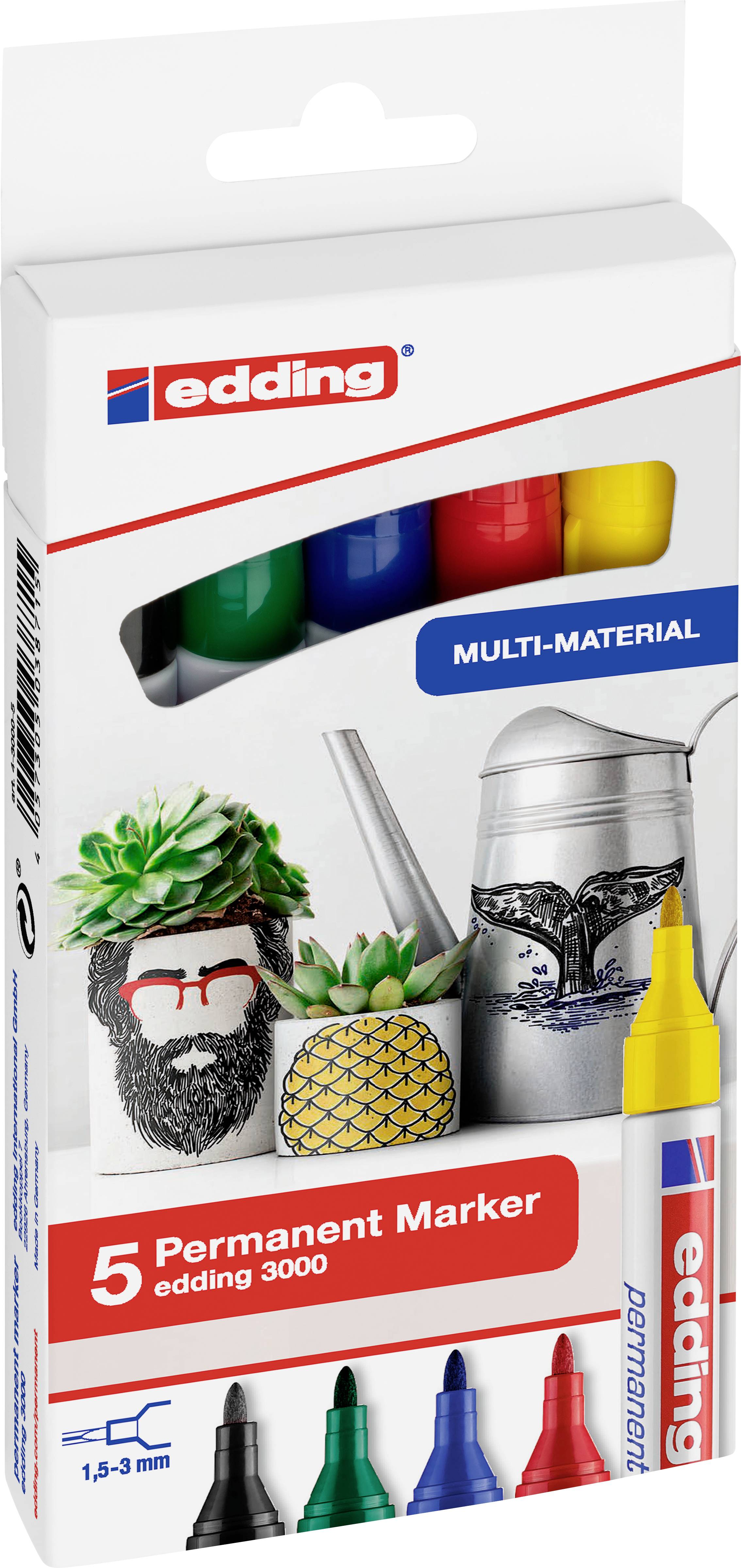 Five permanent markers in various colours (black, red, blue, green, yellow) from edding 3000, suitable for diverse materials.