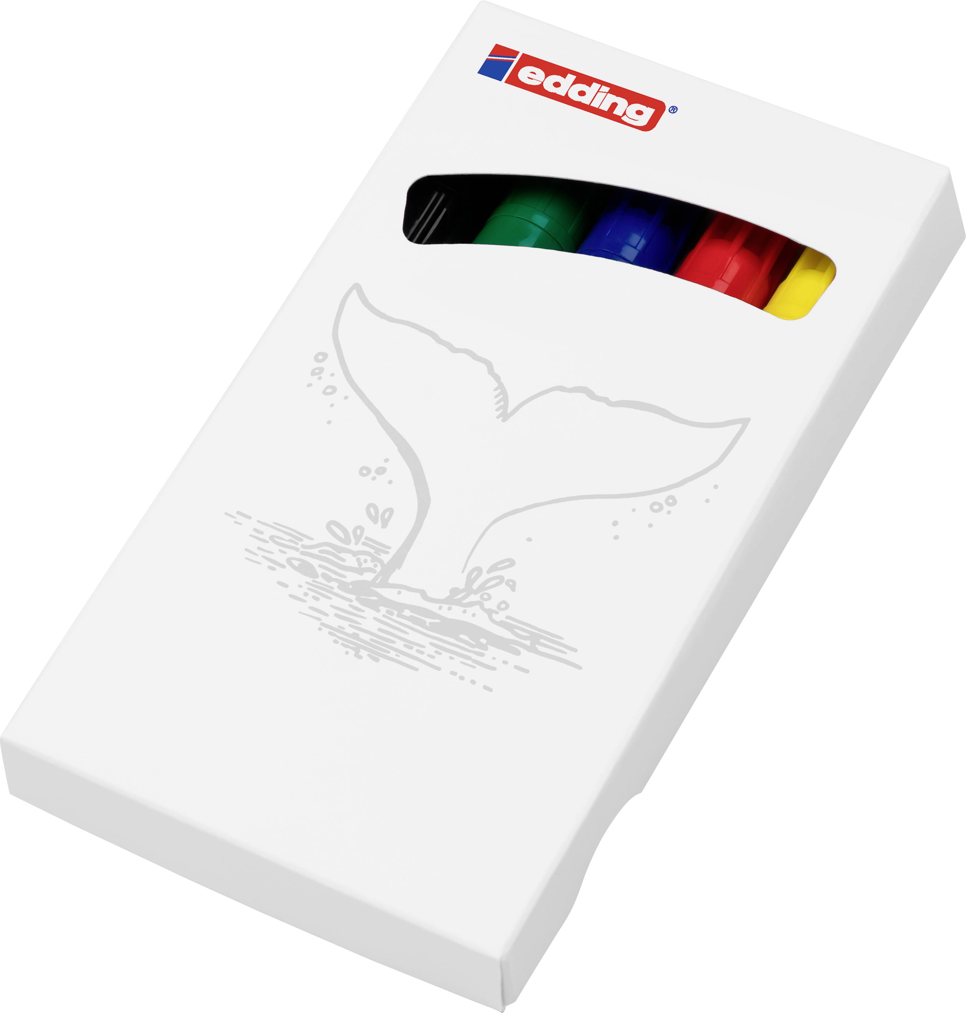 A white packaging for Edding markers featuring a whale fin motif; visible colours are green, blue, red, and black.
