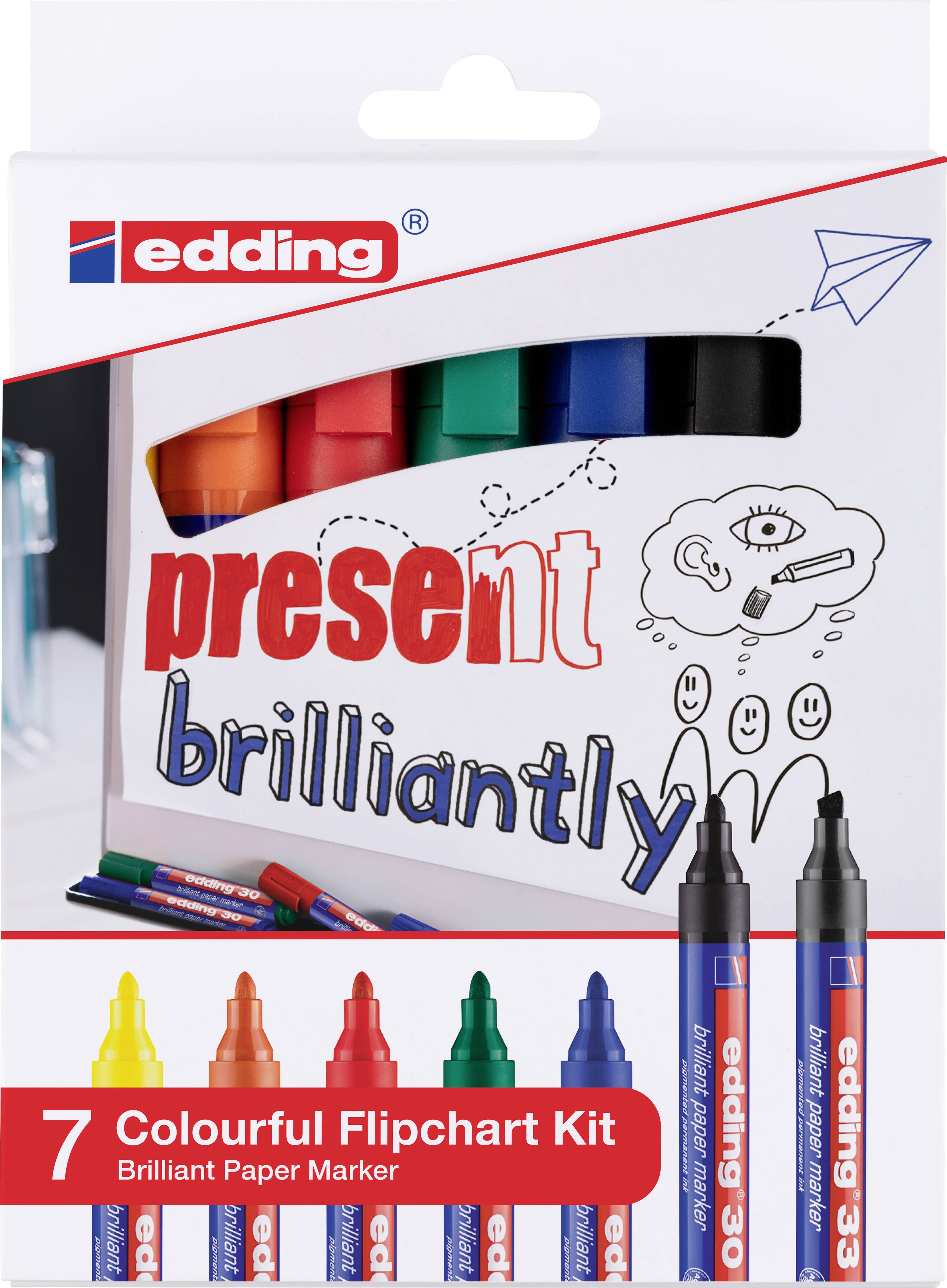 Seven colourful edding flipchart markers in Red, Yellow, Green, Blue and Black. Packaging inscribed with: 