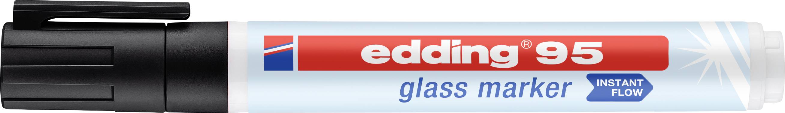 An Edding 95 glass marker with a red and blue label on the white cap. Suitable for marking glass surfaces.