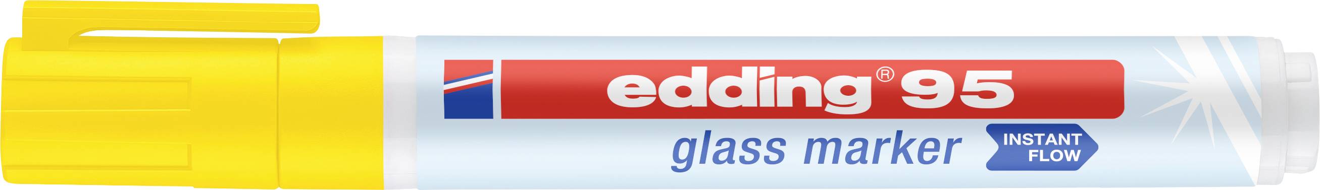Yellow Edding 95 glass marker with red logo and the inscription 'glass marker' for labelling glass surfaces.