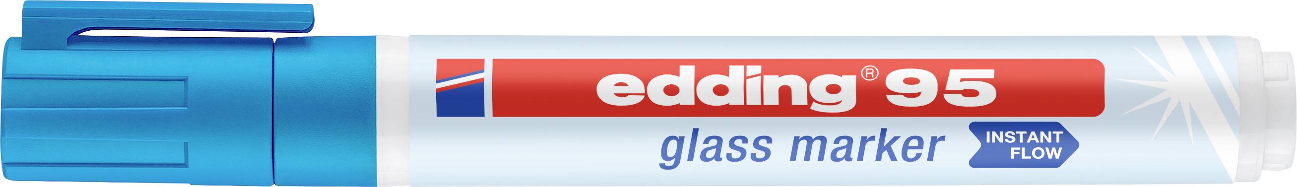 A blue 'edding 95' glass marker with a red label and the text 'instant flow'.