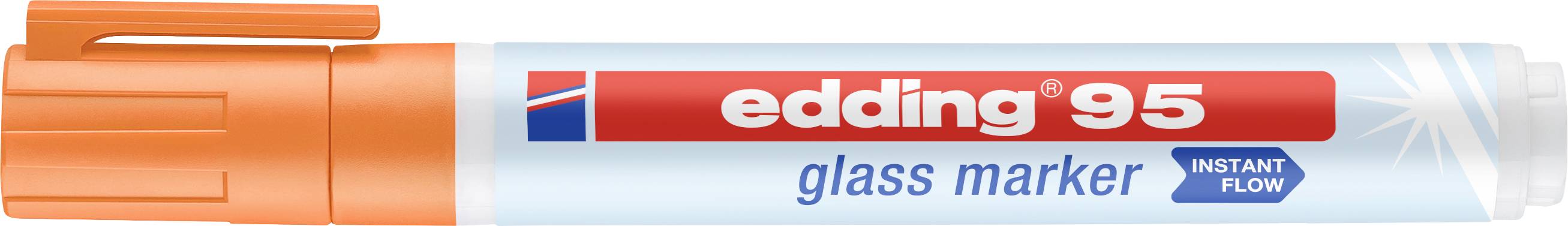 An Edding 95 glass marker with an orange cap and blue label. Suitable for writing on glass, with the inscription 'Instant Flow'.