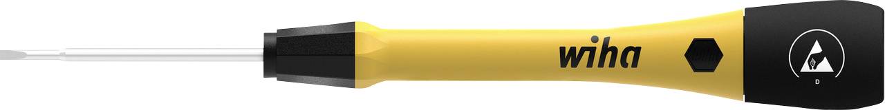 A yellow screwdriver with a black handle, displaying the 'wiha' inscription and a symbol indicating insulated protection.