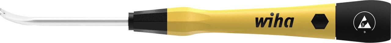 A yellow screwdriver with a curved metal end and black handle displays a brand logo on its side.