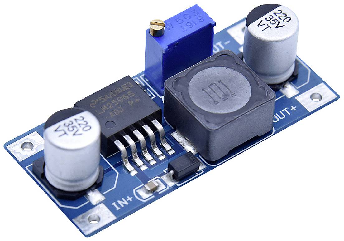 Blue electric step-down module mounted on a circuit board with two cylindrical capacitors and a central choke coil.